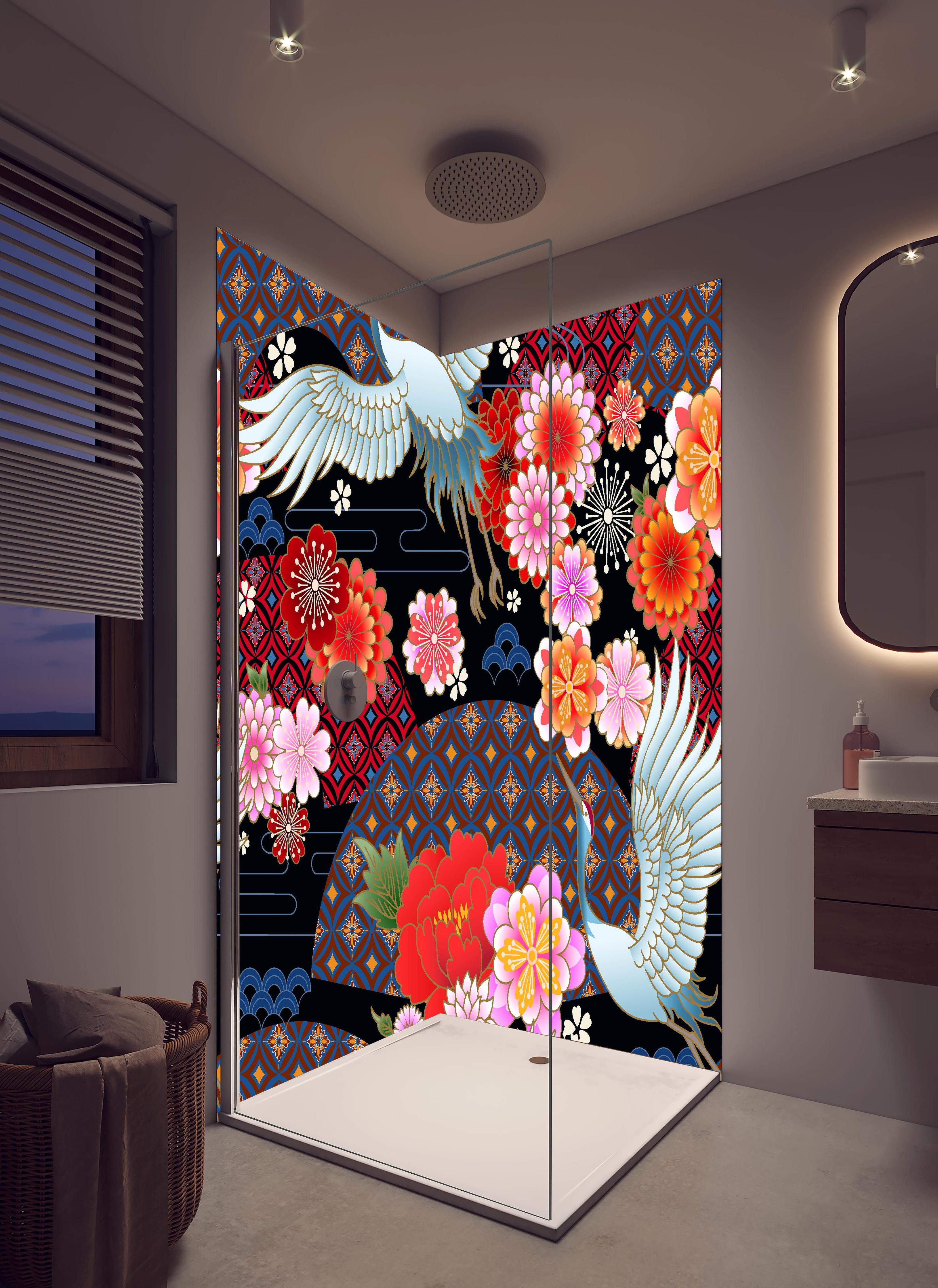 Duschrückwand - Farbenprächtige Japanische Muster mit Kranichen in hellem Badezimmer mit Regenduschkopf - zweiteilige Eck-Duschrückwand