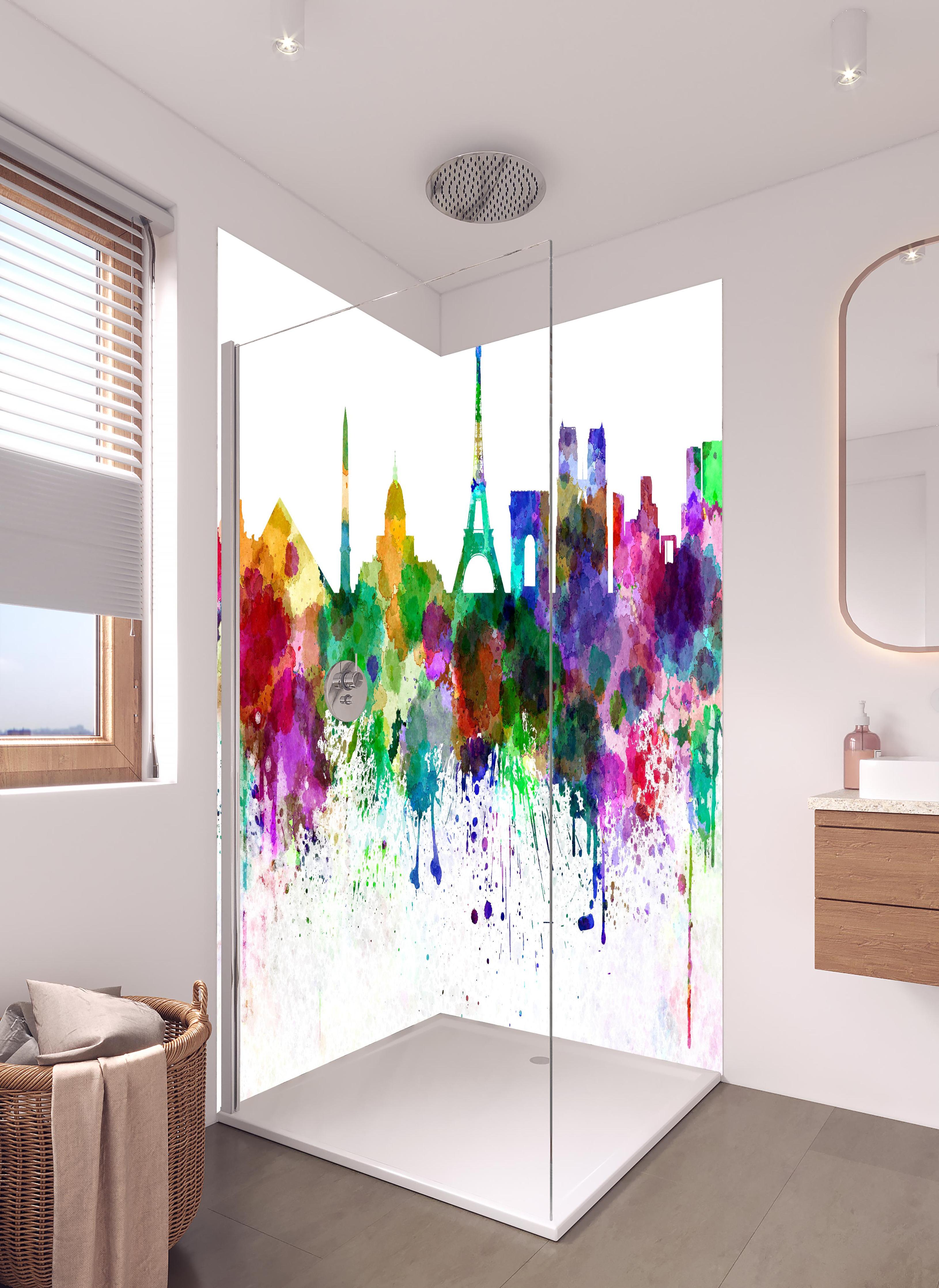 Duschrückwand - Farbenprächtige Paris Skyline Aquarellkunst in hellem Badezimmer mit Regenduschkopf - zweiteilige Eck-Duschrückwand