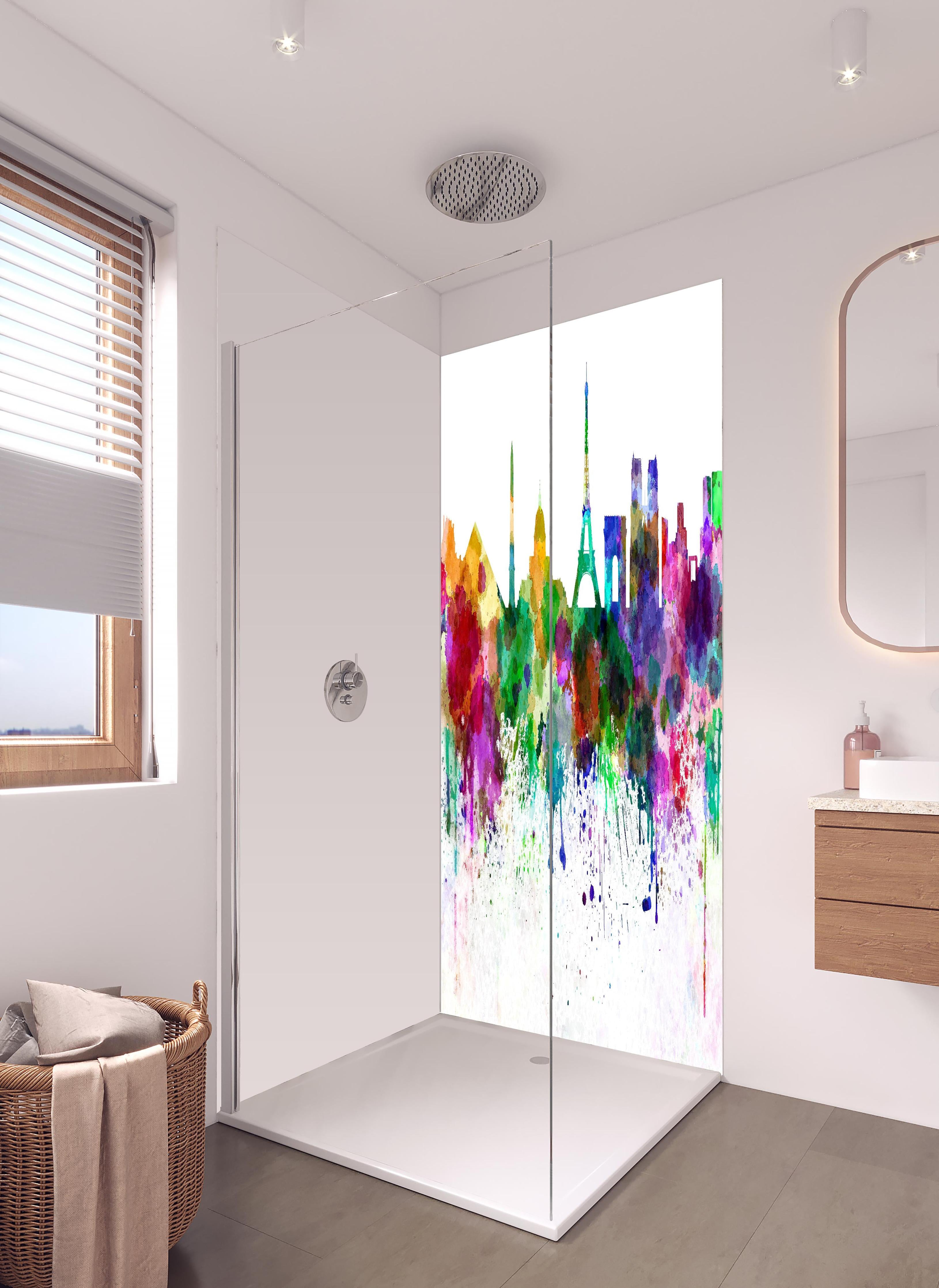 Duschrückwand - Farbenprächtige Paris Skyline Aquarellkunst in hellem Badezimmer mit Regenduschkopf - zweiteilige Eck-Duschrückwand