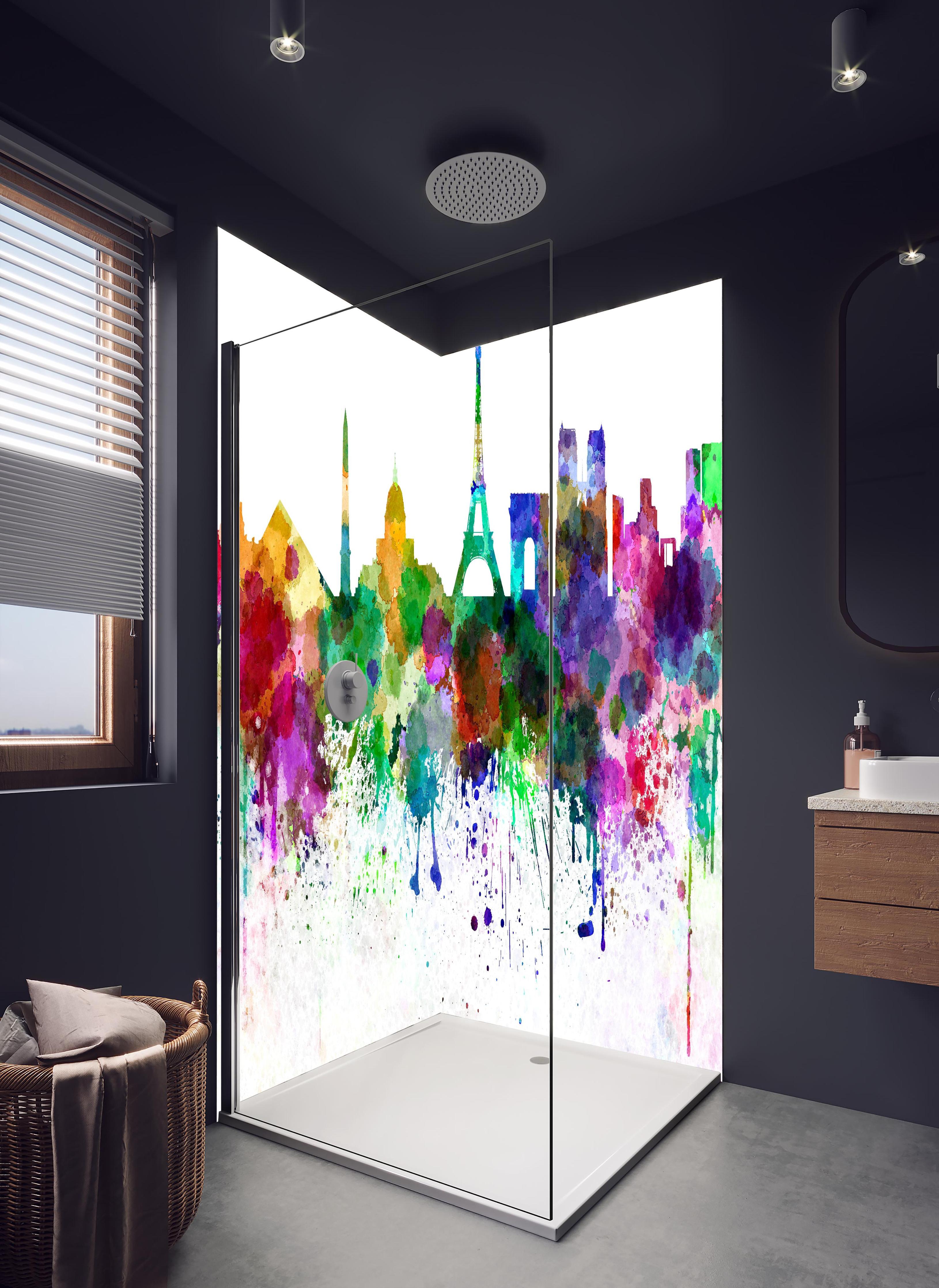 Duschrückwand - Farbenprächtige Paris Skyline Aquarellkunst in hellem Badezimmer mit Regenduschkopf - zweiteilige Eck-Duschrückwand