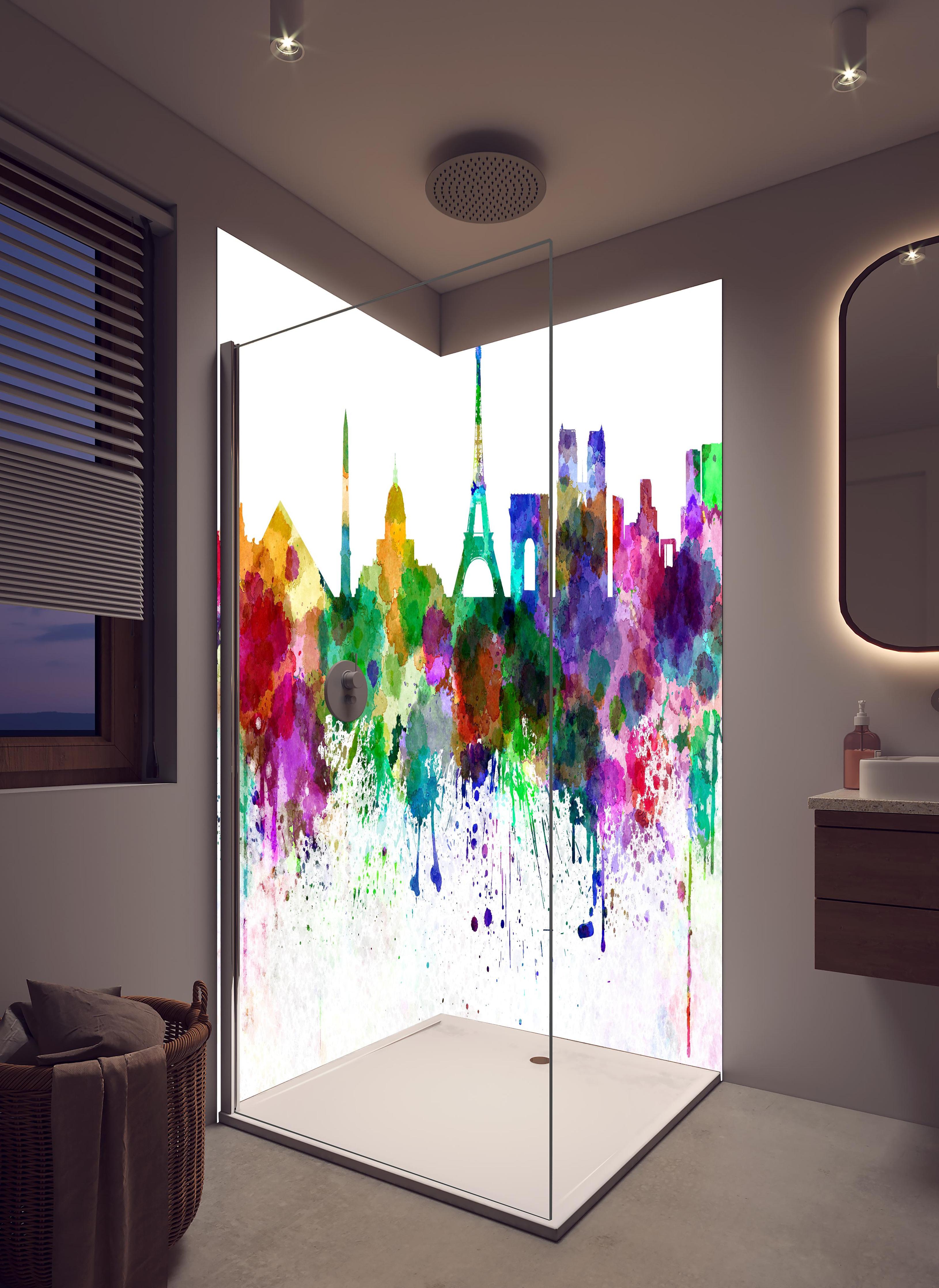 Duschrückwand - Farbenprächtige Paris Skyline Aquarellkunst in hellem Badezimmer mit Regenduschkopf - zweiteilige Eck-Duschrückwand