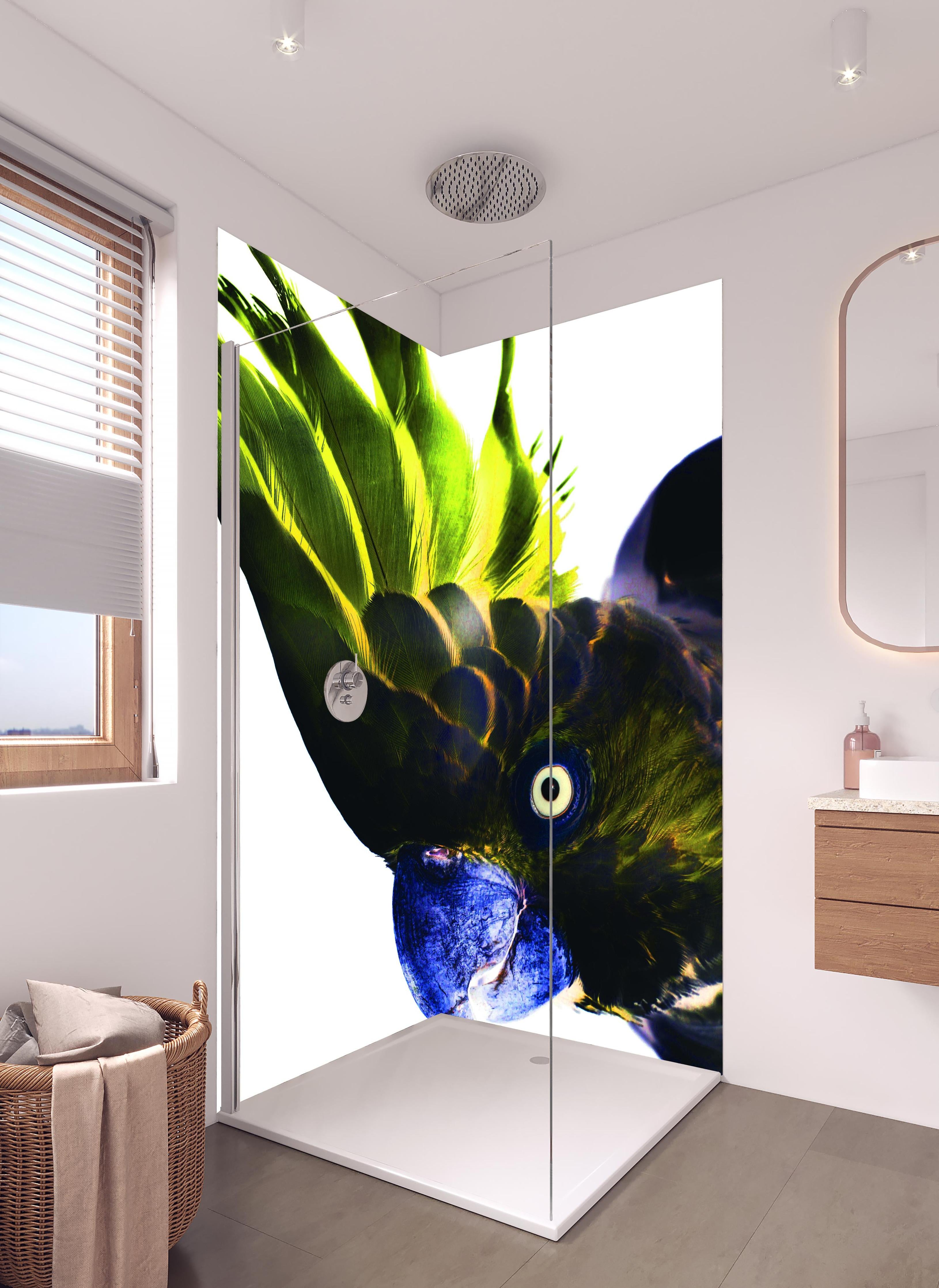 Duschrückwand - Farbenprächtiger Papagei vor Weiß in hellem Badezimmer mit Regenduschkopf - zweiteilige Eck-Duschrückwand