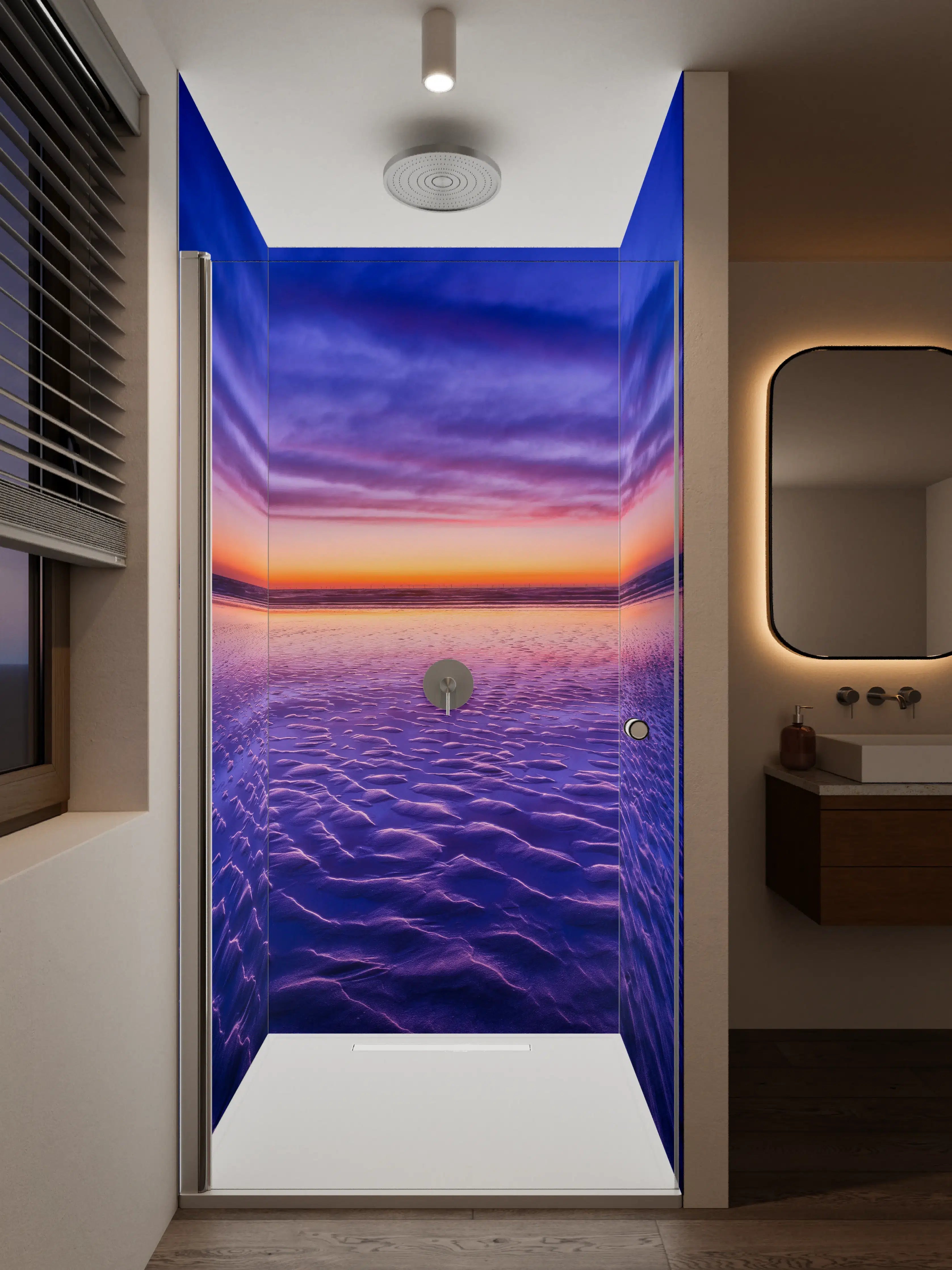 Duschrückwand - Farbprächtiger Sonnenuntergang über dem Meer