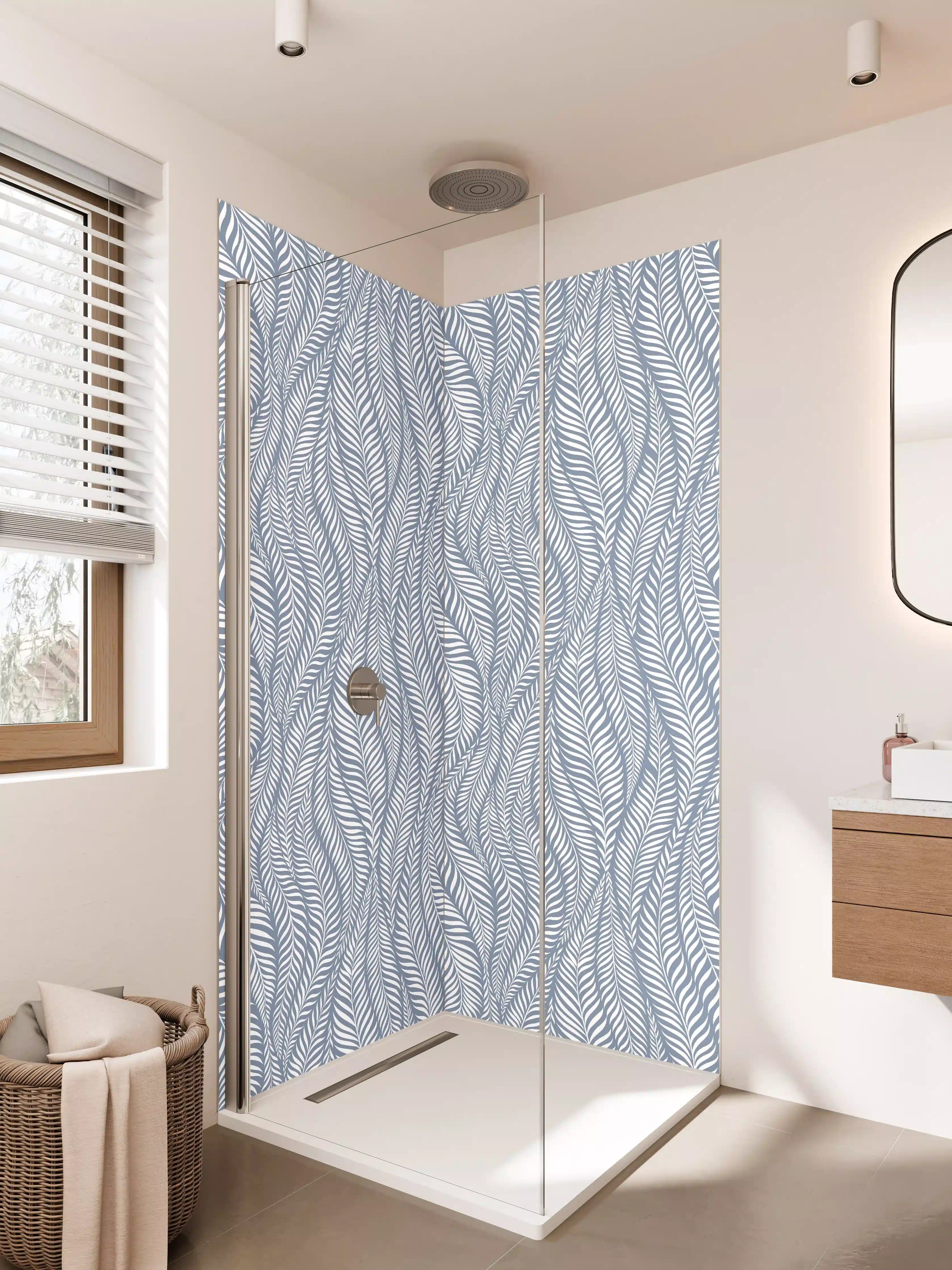 Duschrückwand - Feine blaue Linienmuster mit Wellen-Design