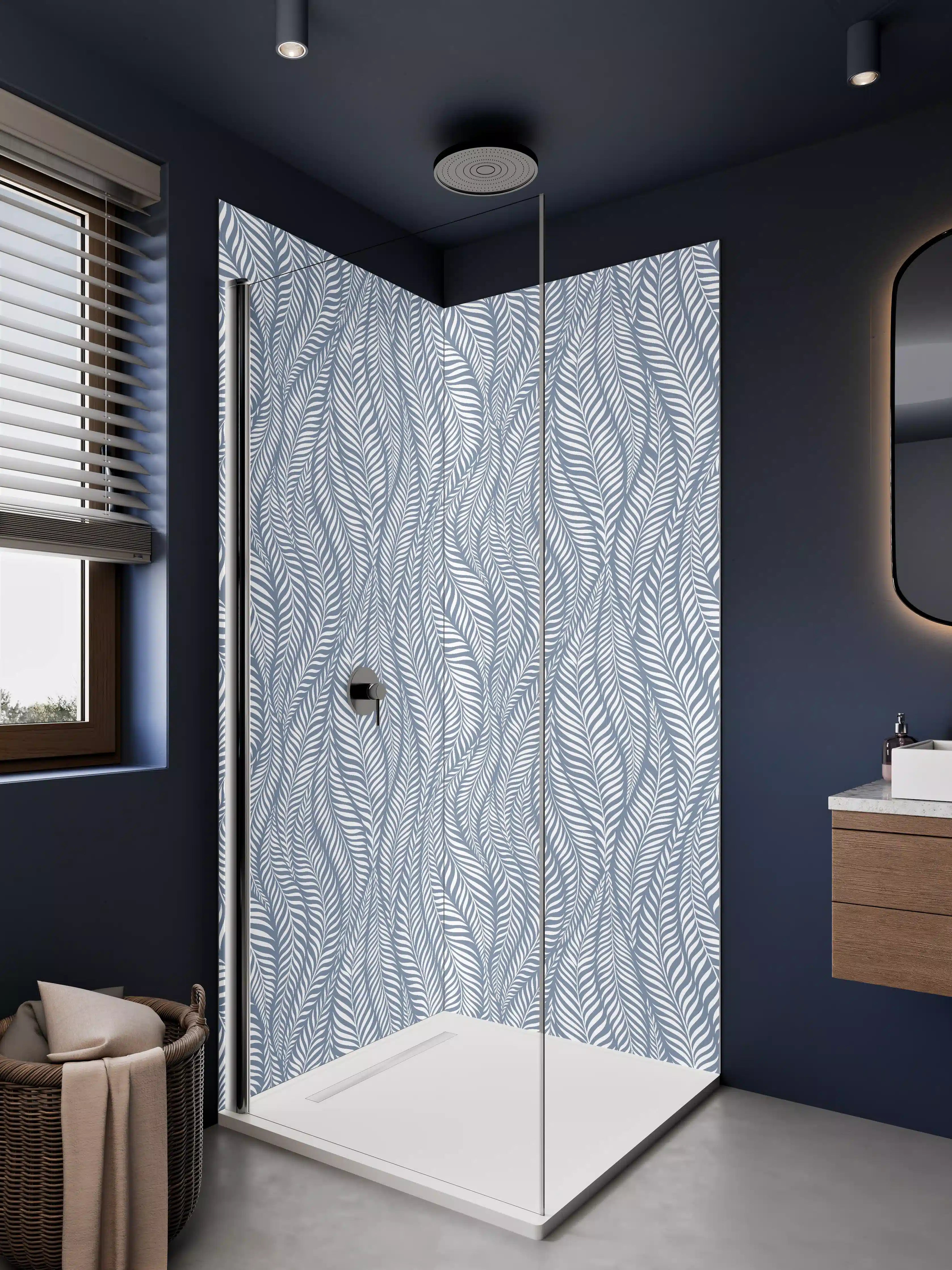 Duschrückwand - Feine blaue Linienmuster mit Wellen-Design