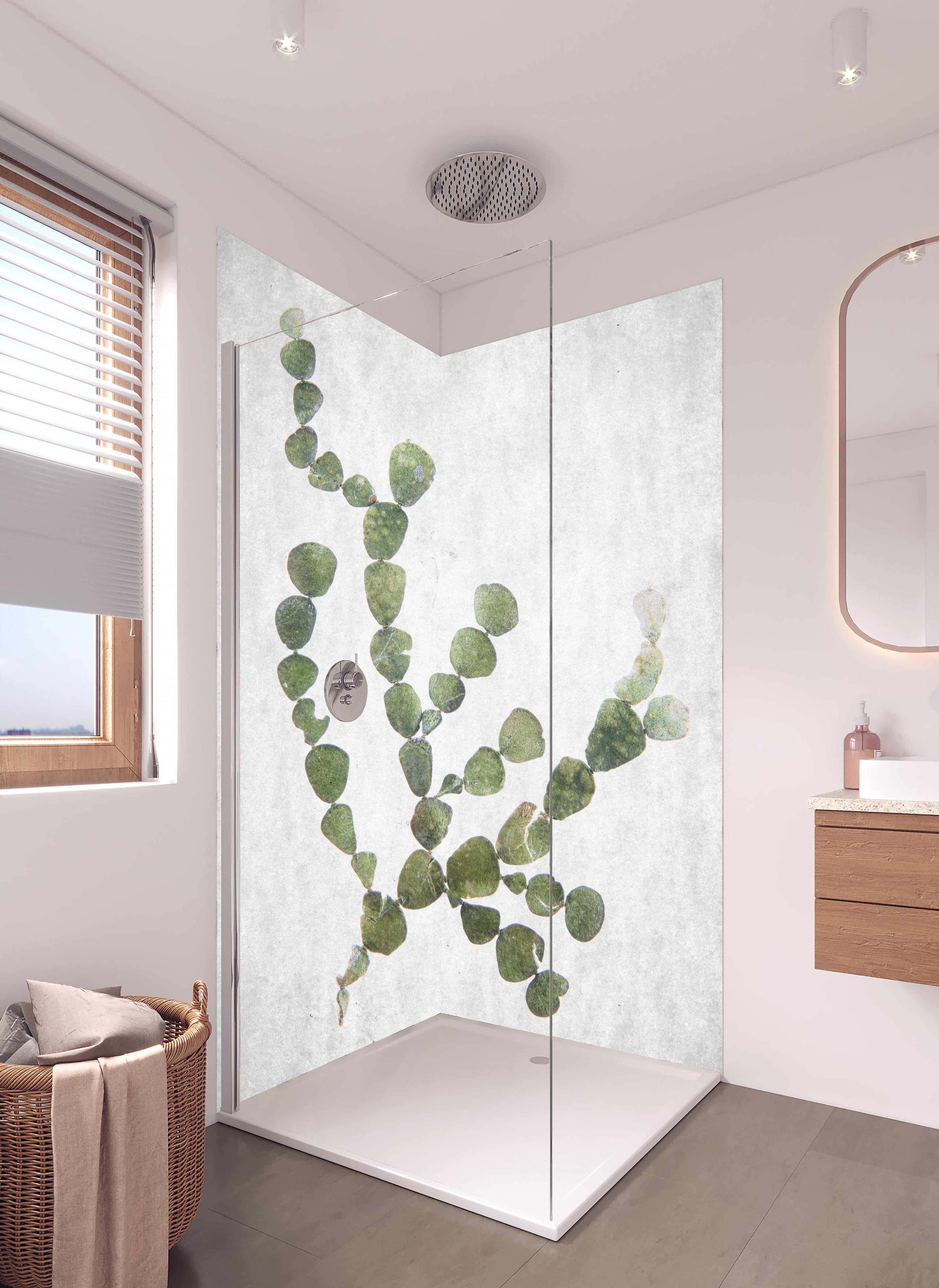 Duschrückwand - Feine grüne Blattstruktur gegen Weiß in hellem Badezimmer mit Regenduschkopf - zweiteilige Eck-Duschrückwand