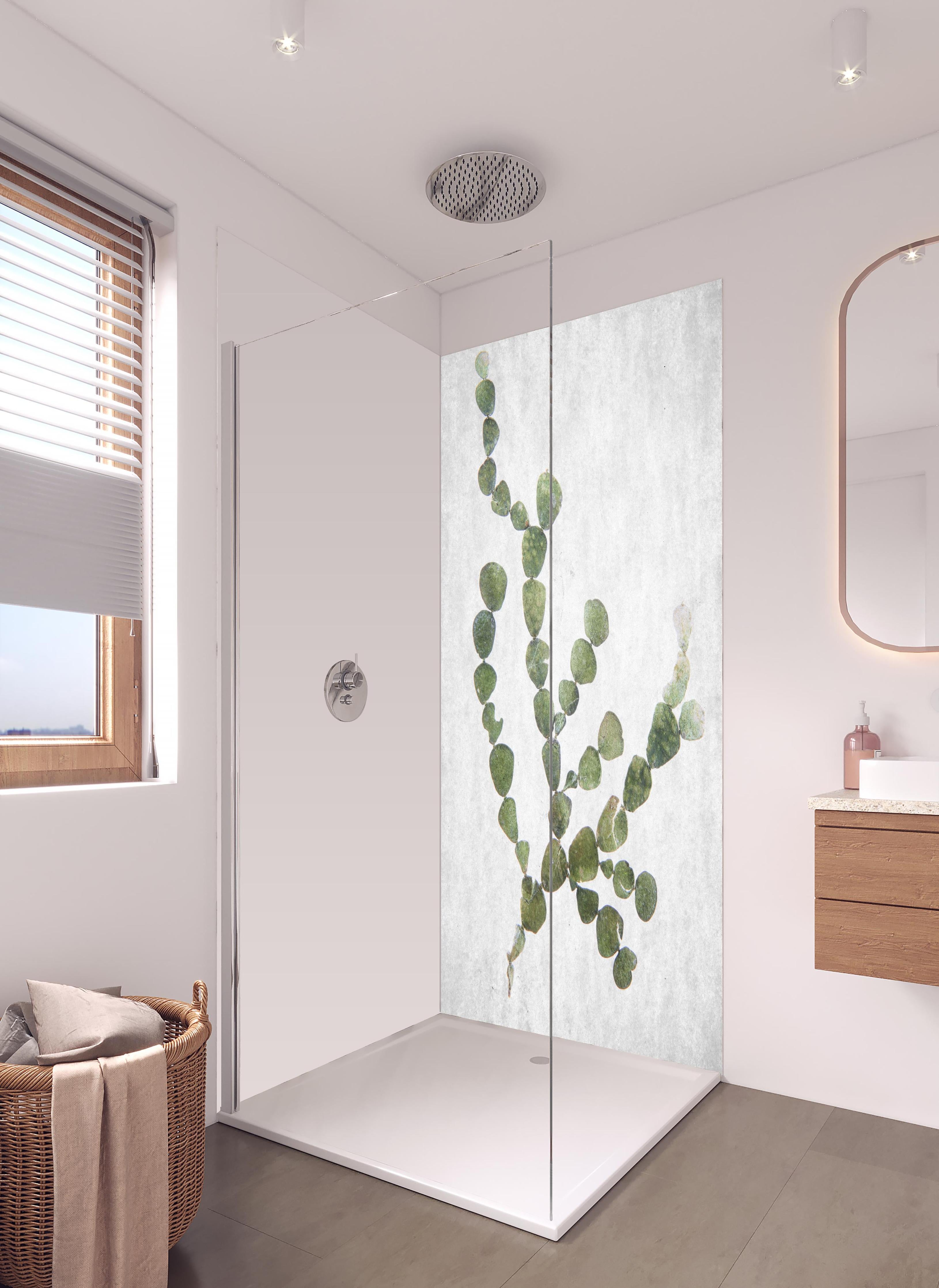 Duschrückwand - Feine grüne Blattstruktur gegen Weiß in hellem Badezimmer mit Regenduschkopf - zweiteilige Eck-Duschrückwand