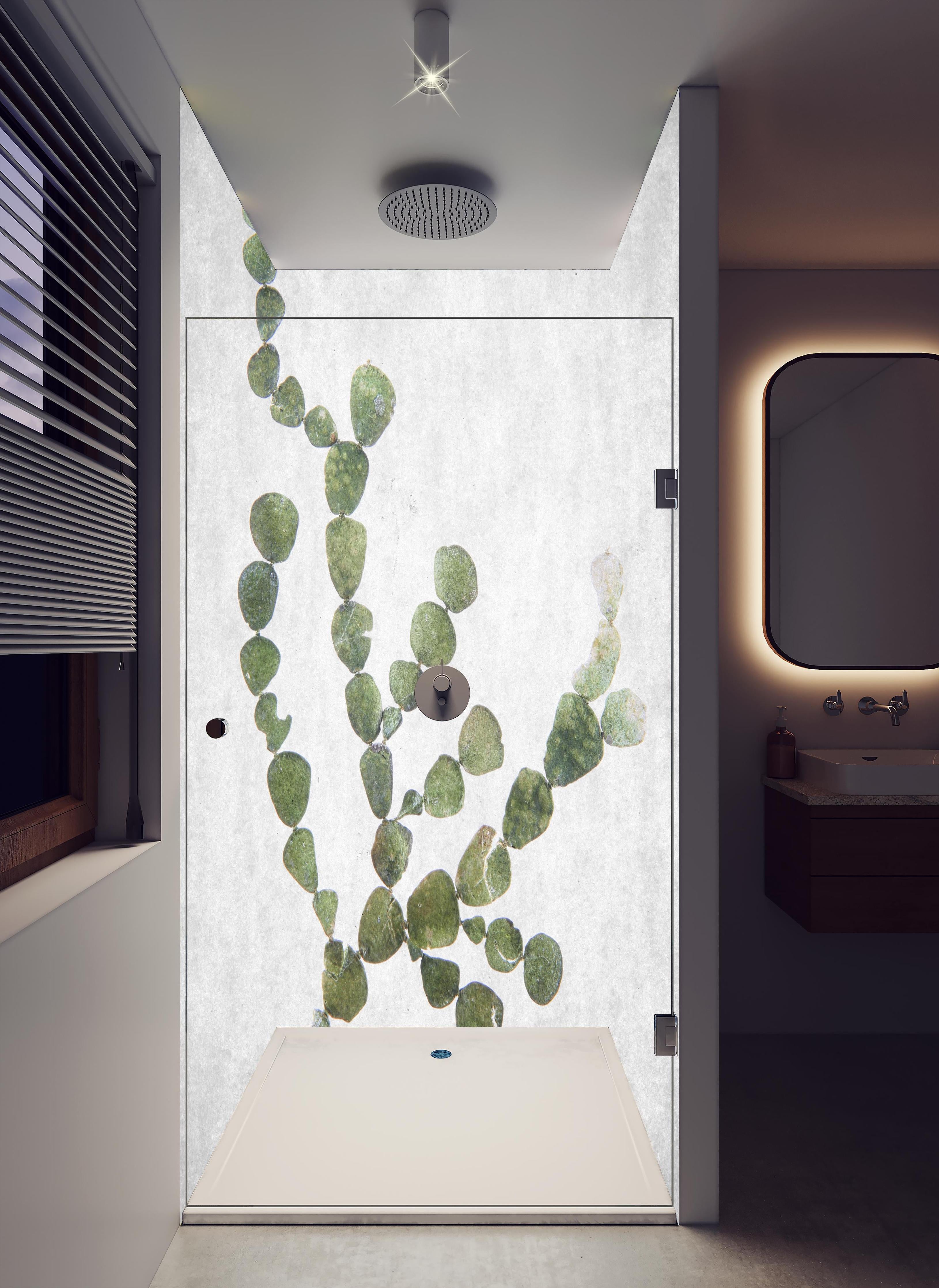 Duschrückwand - Feine grüne Blattstruktur gegen Weiß in hellem Badezimmer mit Regenduschkopf - zweiteilige Eck-Duschrückwand