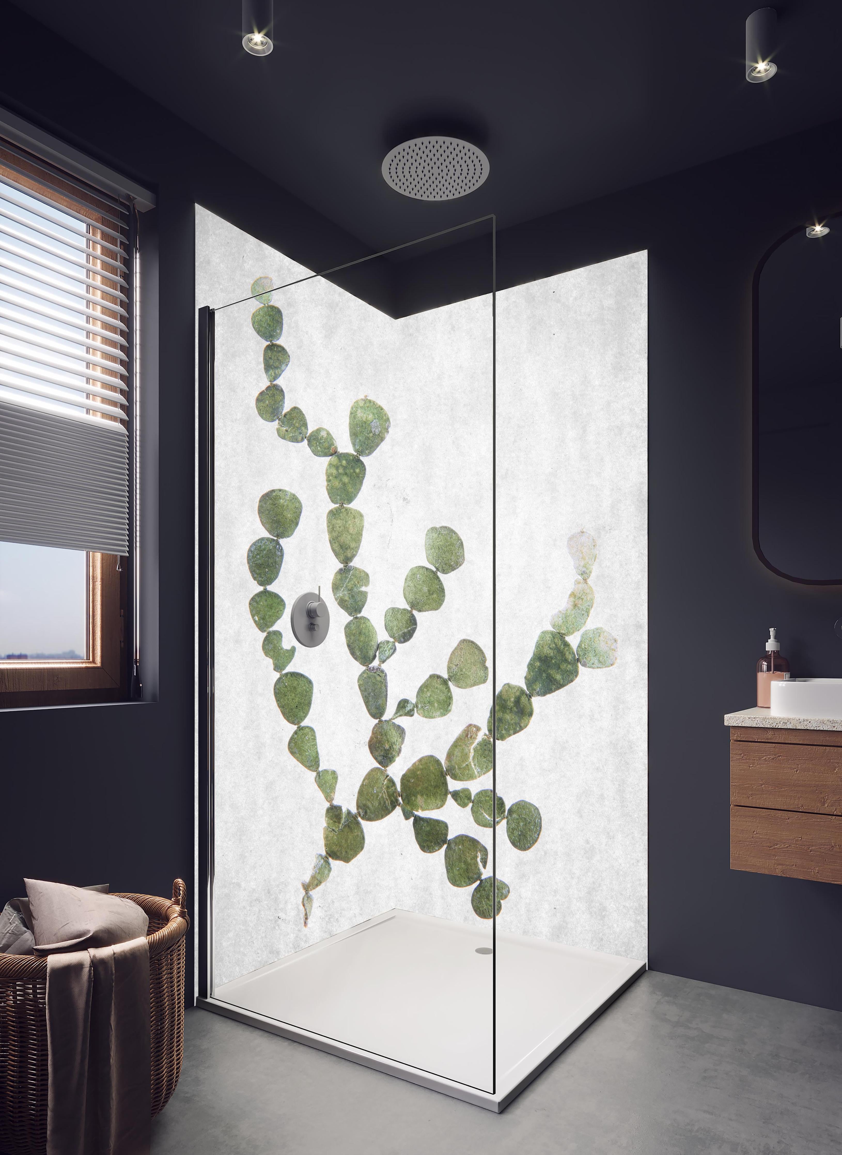 Duschrückwand - Feine grüne Blattstruktur gegen Weiß in hellem Badezimmer mit Regenduschkopf - zweiteilige Eck-Duschrückwand