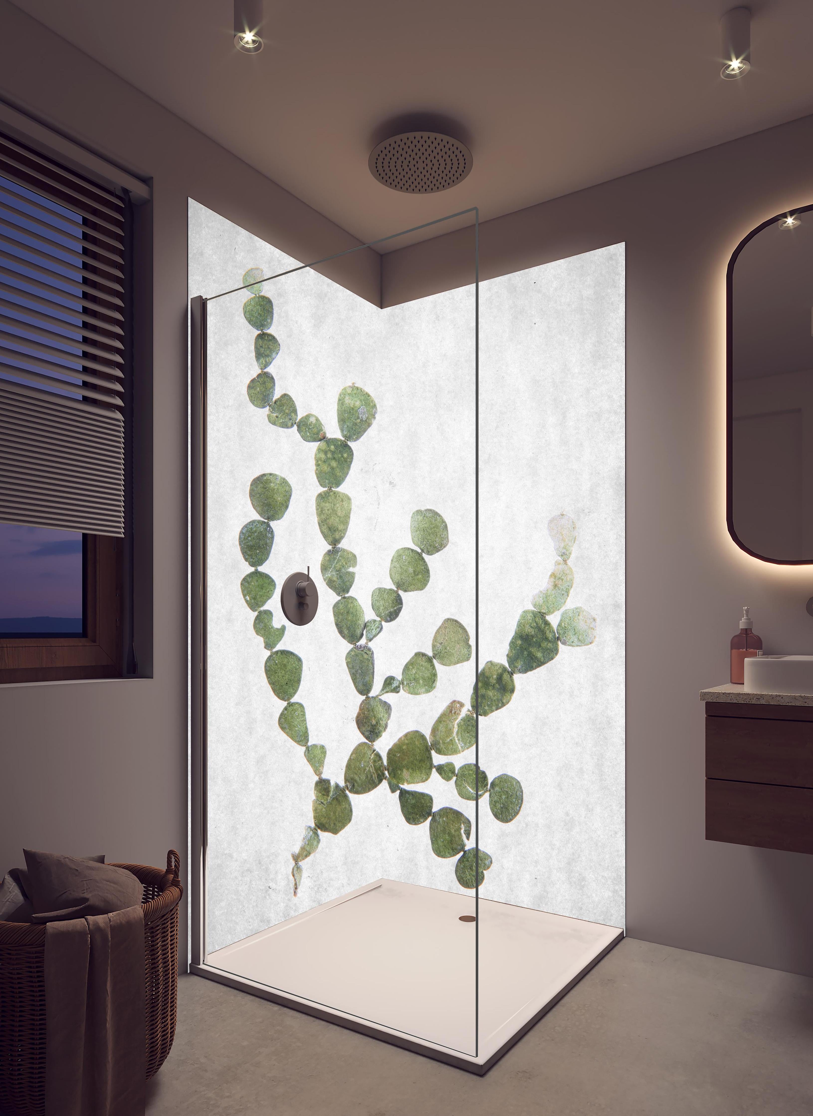 Duschrückwand - Feine grüne Blattstruktur gegen Weiß in hellem Badezimmer mit Regenduschkopf - zweiteilige Eck-Duschrückwand