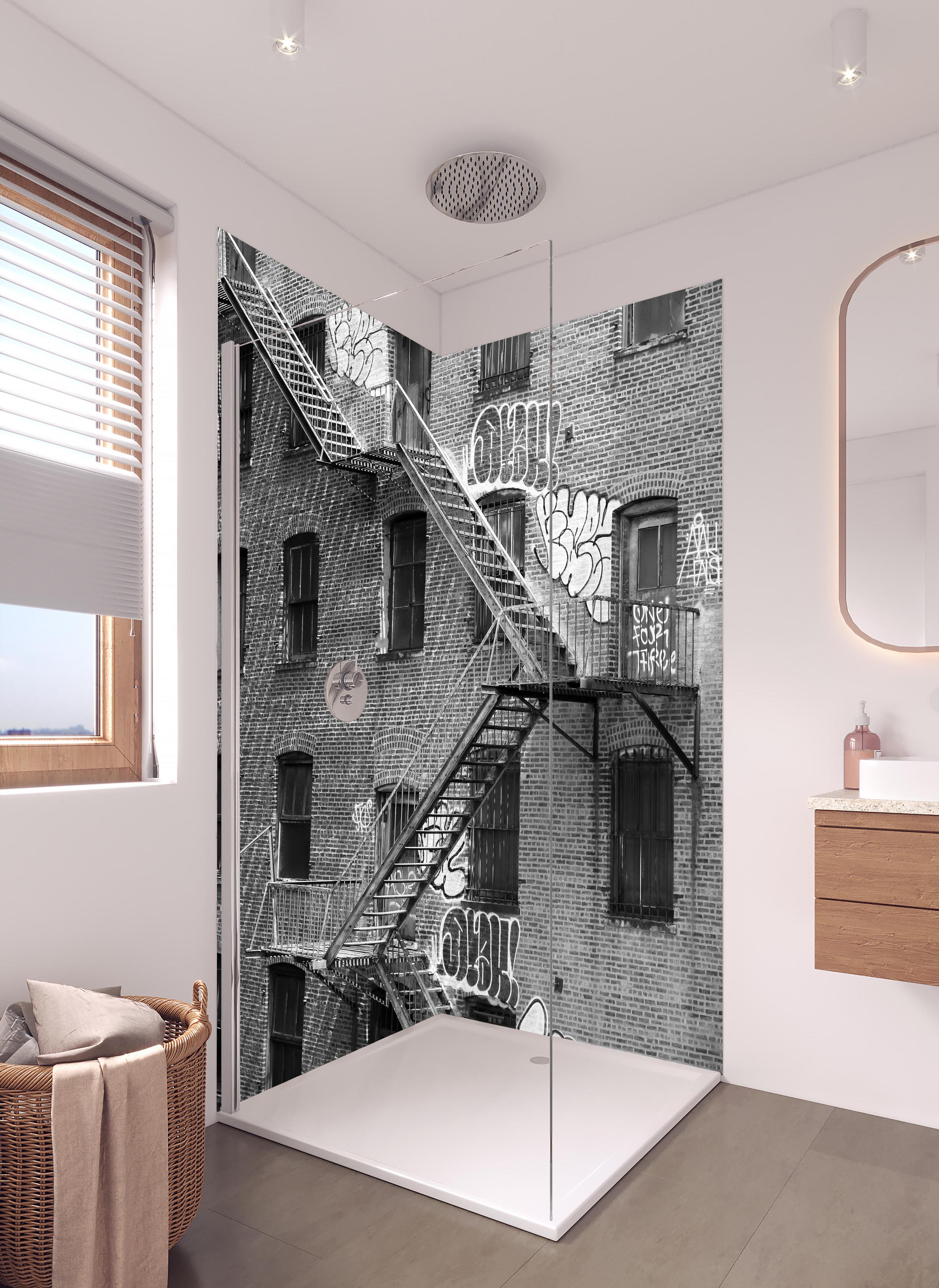 Duschrückwand - Feuerleiter in NYC- USA in hellem Badezimmer mit Regenduschkopf - zweiteilige Eck-Duschrückwand