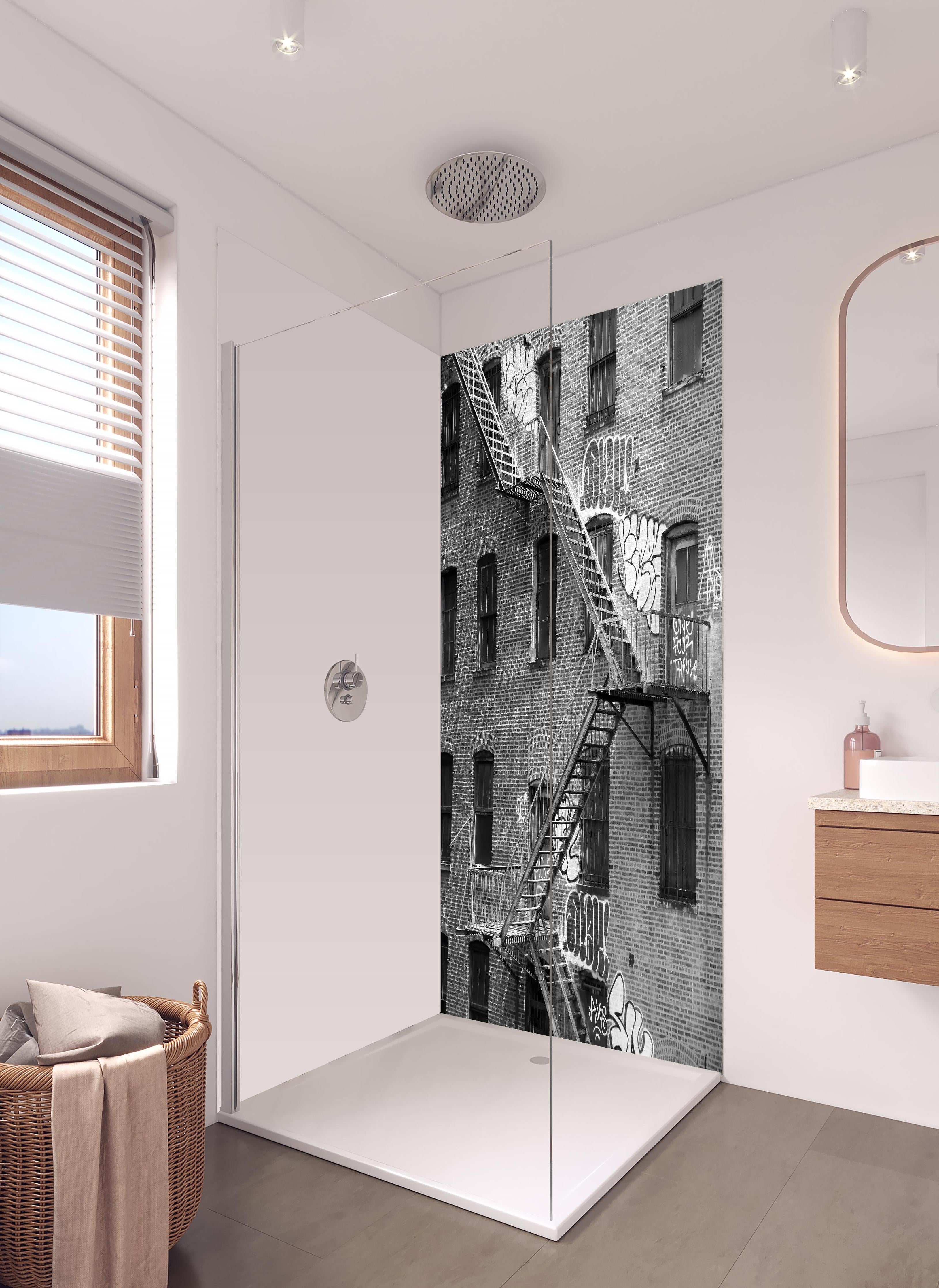 Duschrückwand - Feuerleiter in NYC- USA in hellem Badezimmer mit Regenduschkopf - zweiteilige Eck-Duschrückwand