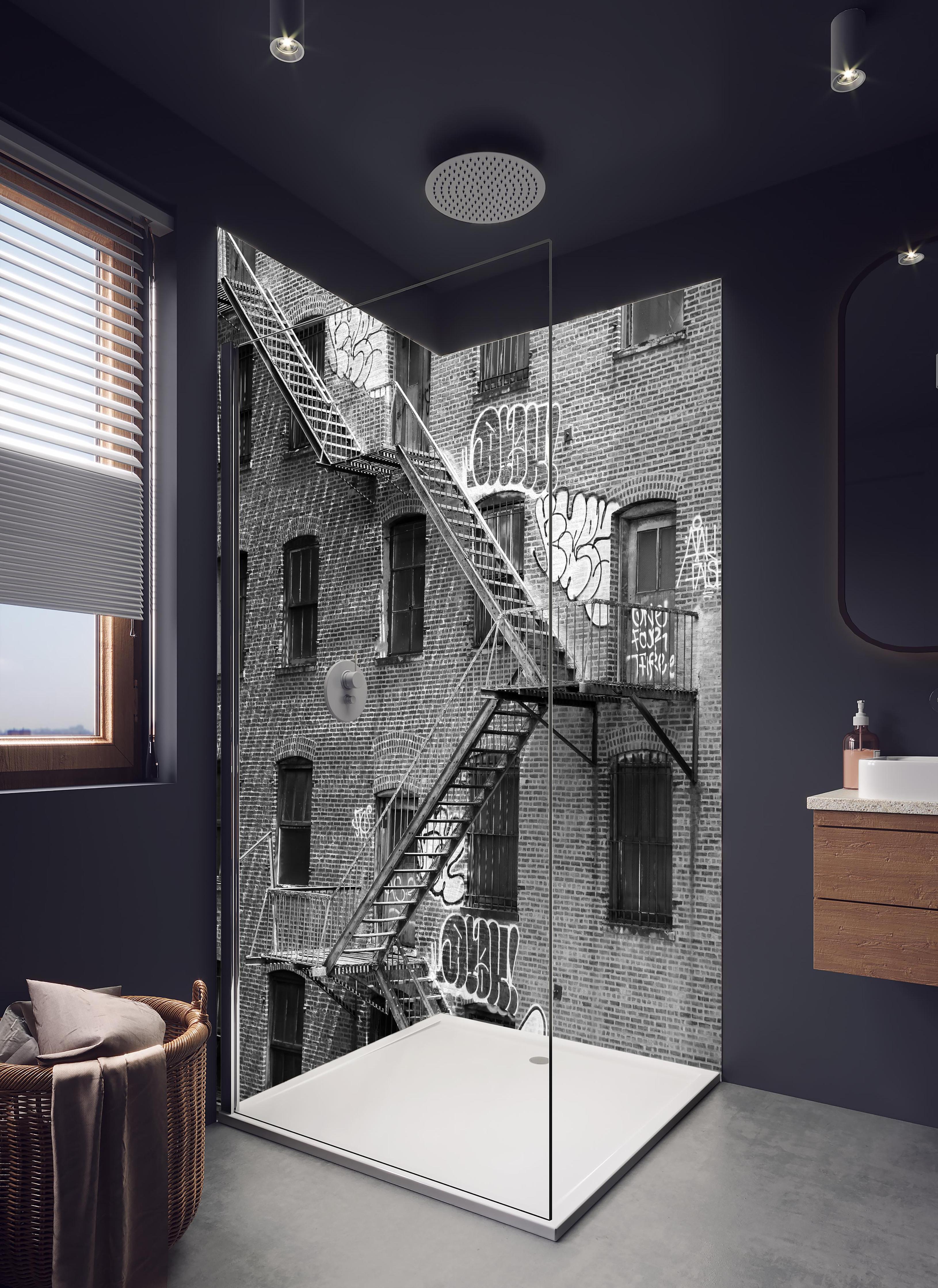 Duschrückwand - Feuerleiter in NYC- USA in hellem Badezimmer mit Regenduschkopf - zweiteilige Eck-Duschrückwand
