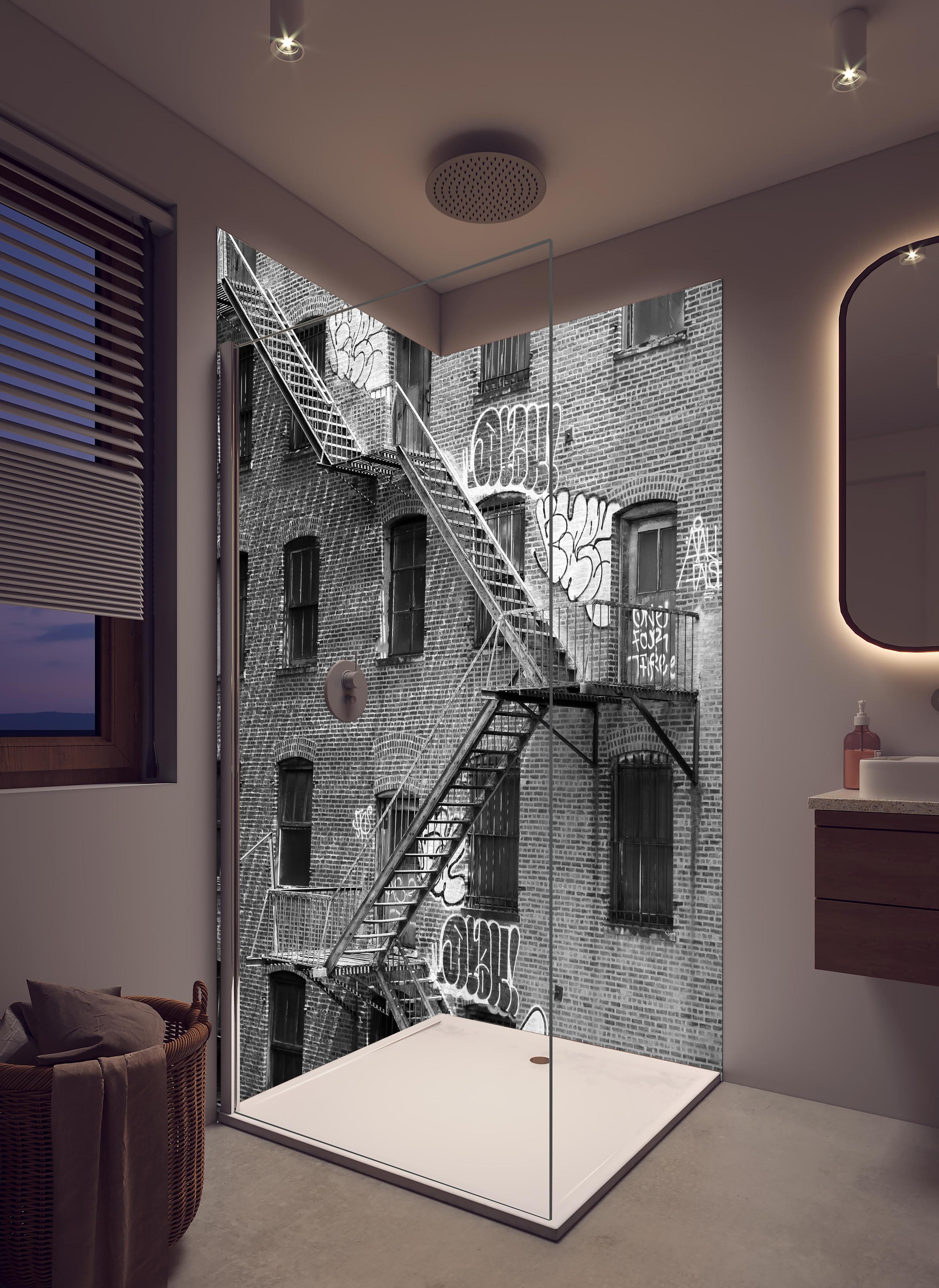 Duschrückwand - Feuerleiter in NYC- USA in hellem Badezimmer mit Regenduschkopf - zweiteilige Eck-Duschrückwand