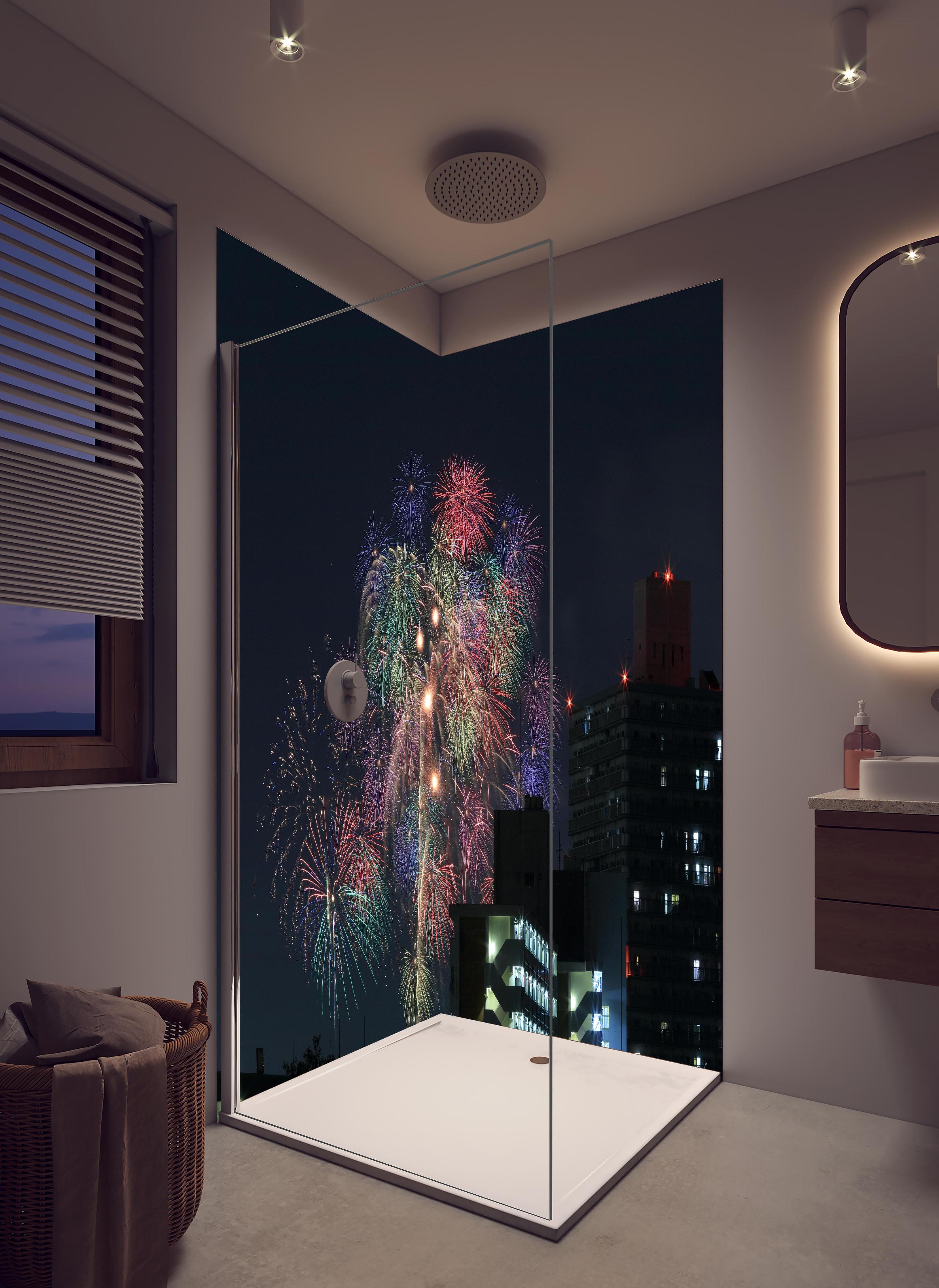 Duschrückwand - Feuerwerk an der Toda-Brücke in hellem Badezimmer mit Regenduschkopf - zweiteilige Eck-Duschrückwand