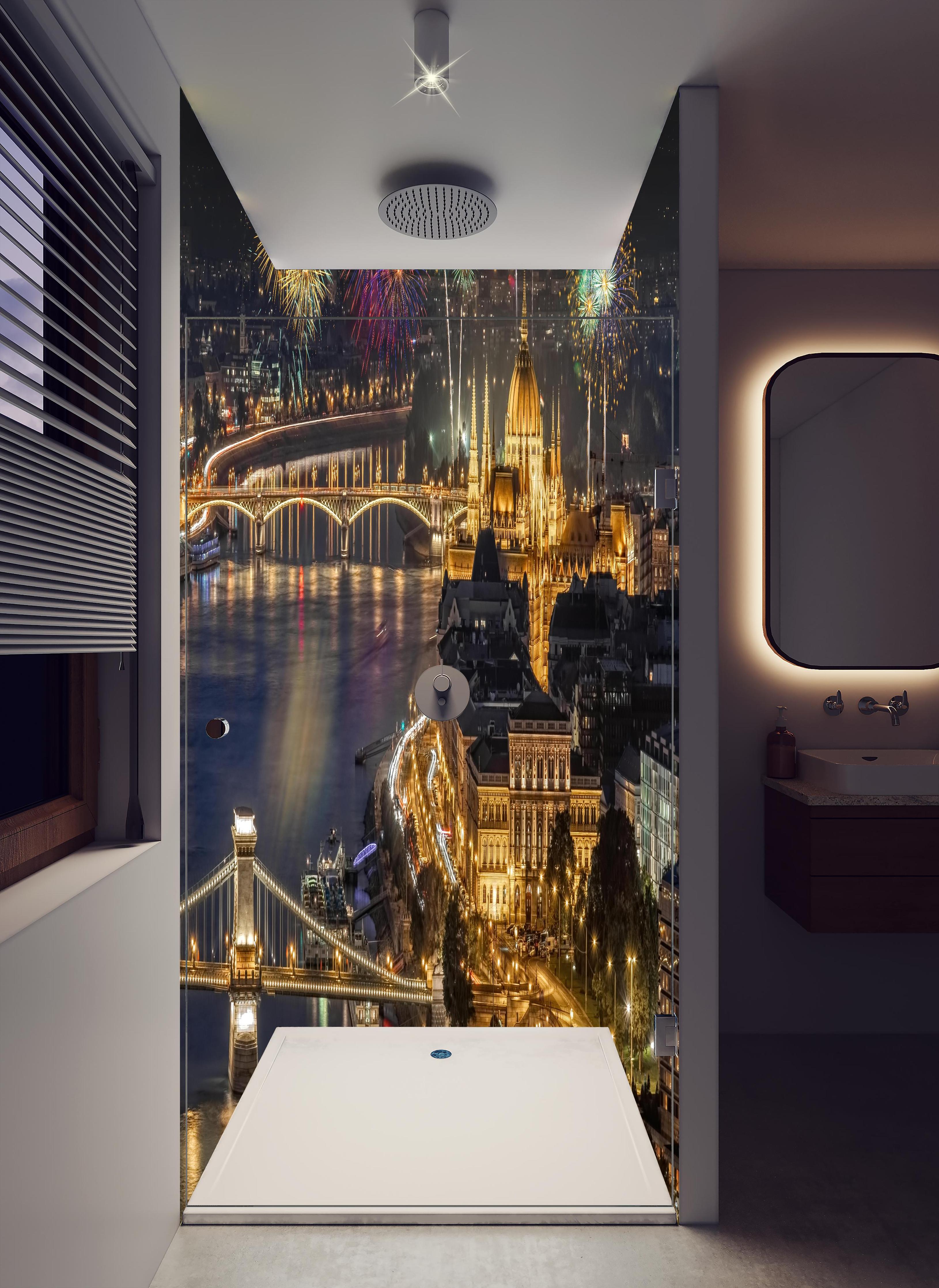 Duschrückwand - Feuerwerk über Budapest bei Nacht in hellem Badezimmer mit Regenduschkopf - zweiteilige Eck-Duschrückwand