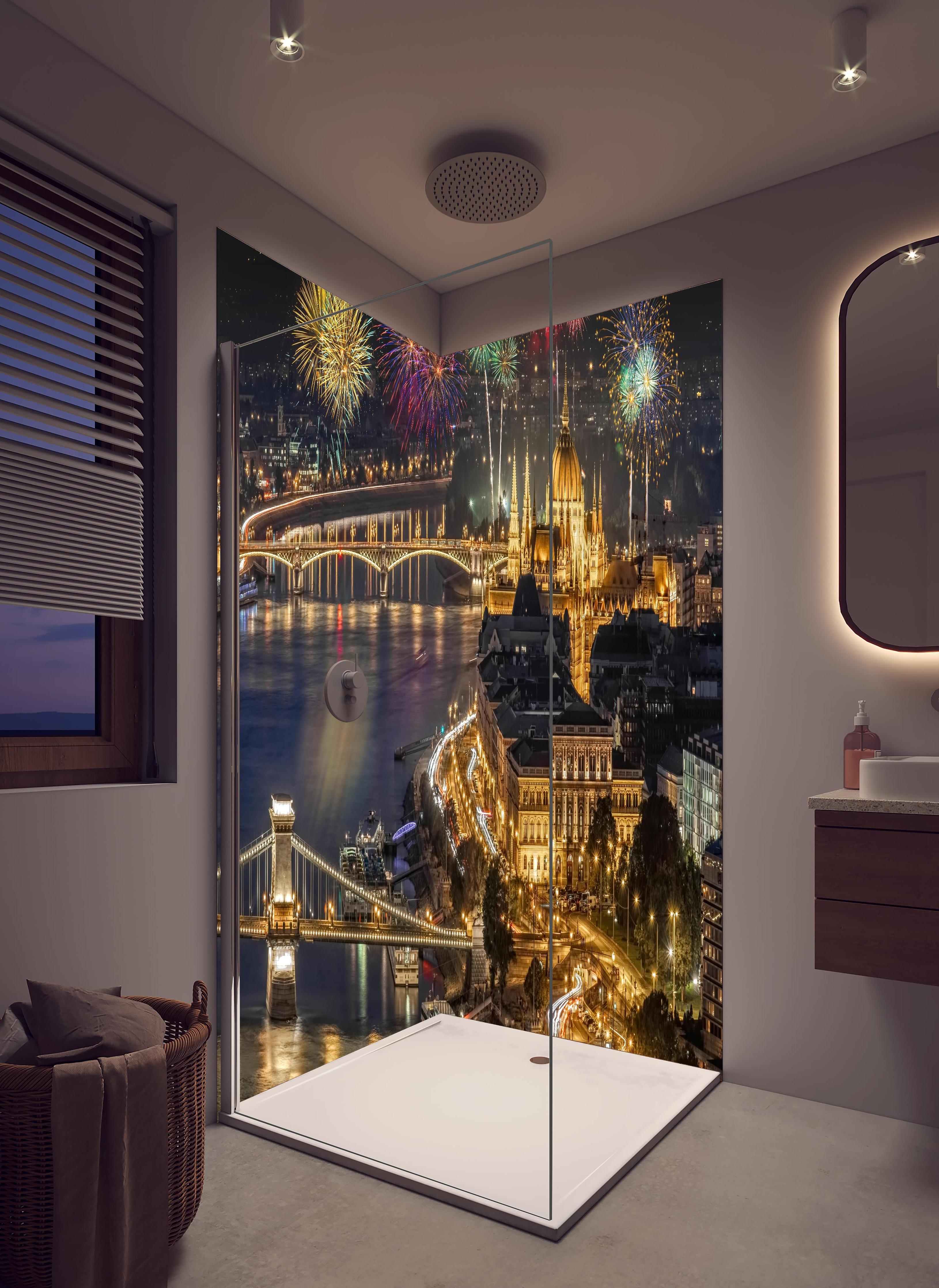 Duschrückwand - Feuerwerk über Budapest bei Nacht in hellem Badezimmer mit Regenduschkopf - zweiteilige Eck-Duschrückwand