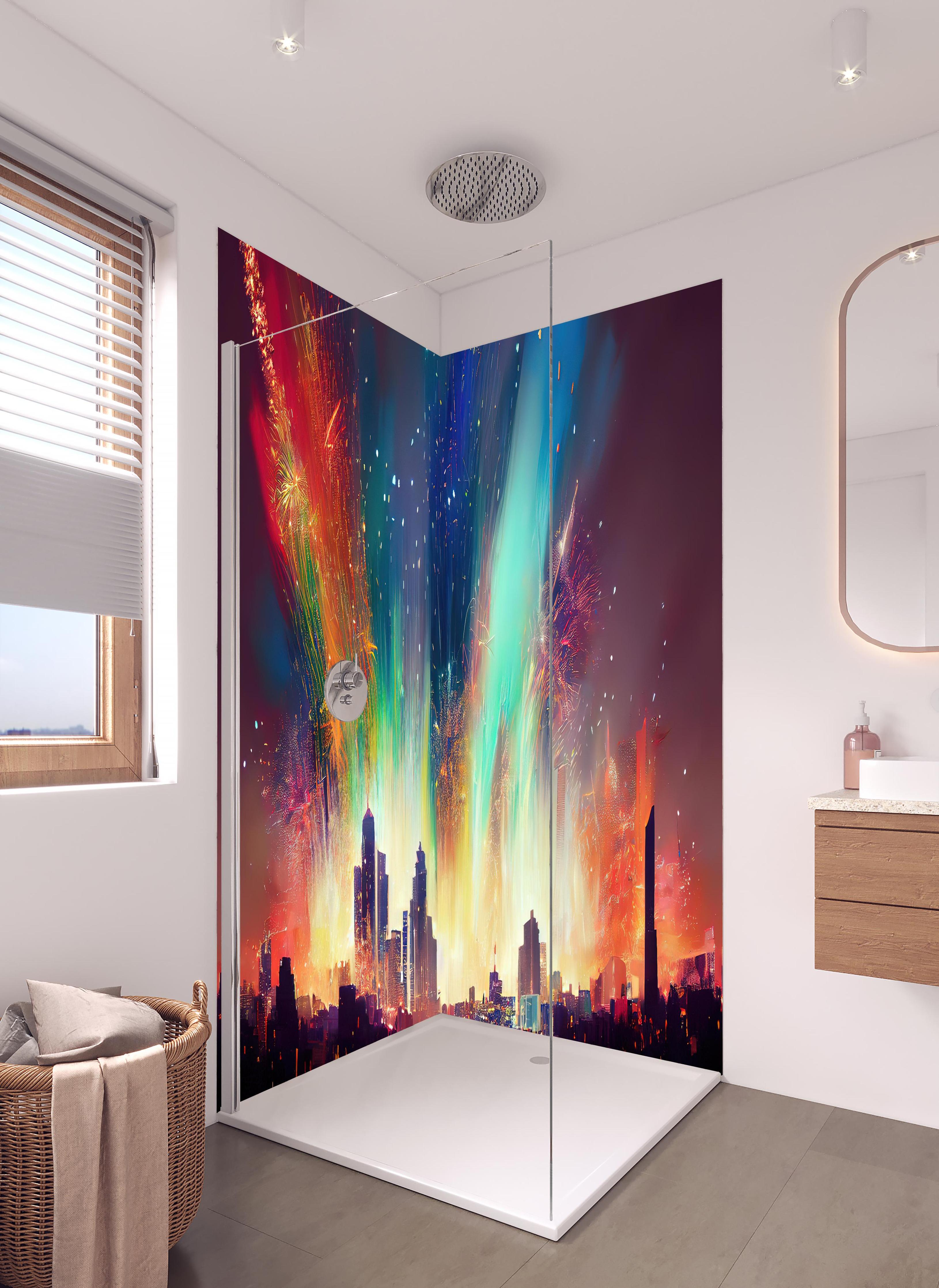 Duschrückwand - Feuerwerk über Stadt bei Nacht - Illustration in hellem Badezimmer mit Regenduschkopf - zweiteilige Eck-Duschrückwand