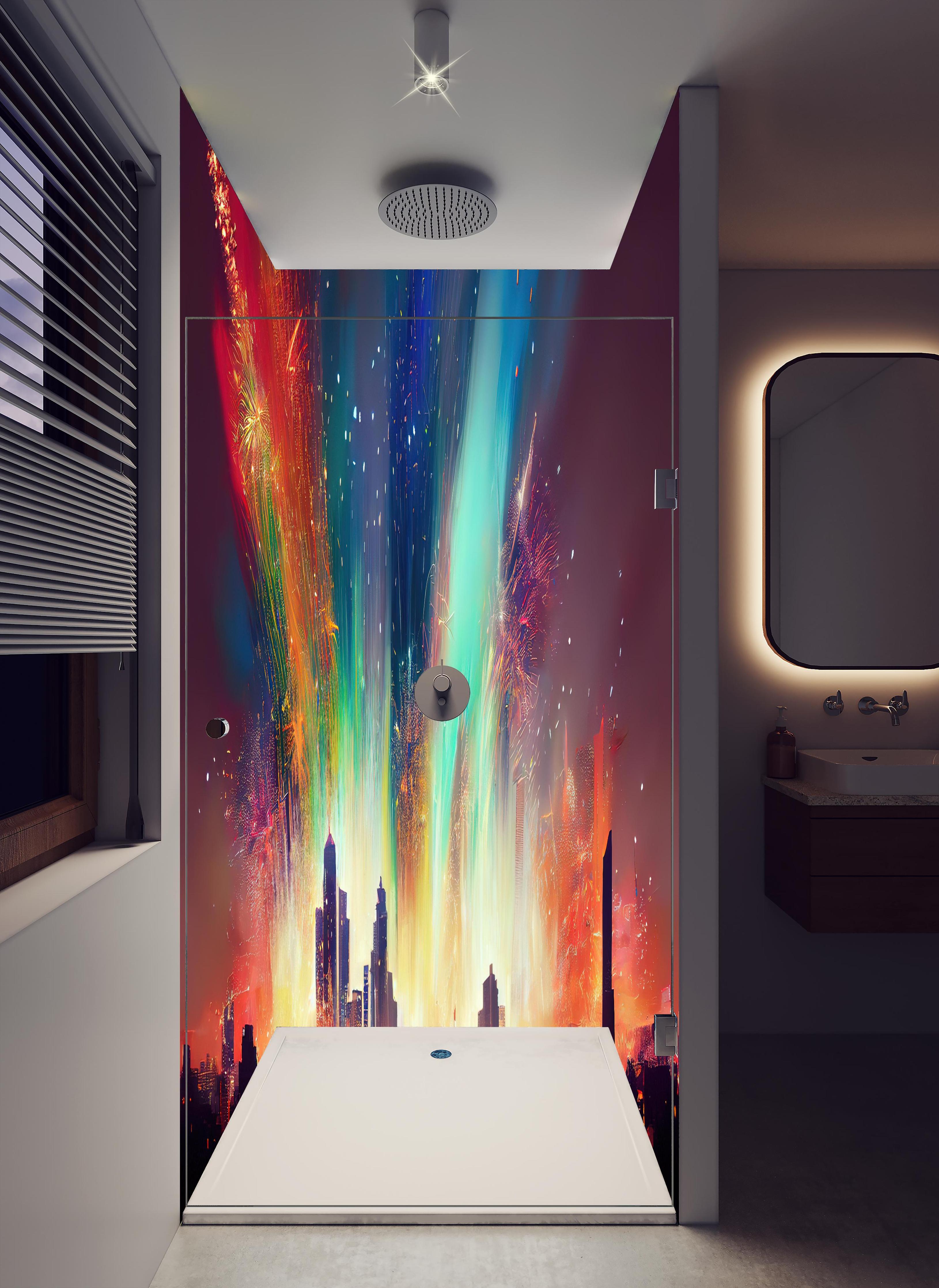 Duschrückwand - Feuerwerk über Stadt bei Nacht - Illustration in hellem Badezimmer mit Regenduschkopf - zweiteilige Eck-Duschrückwand