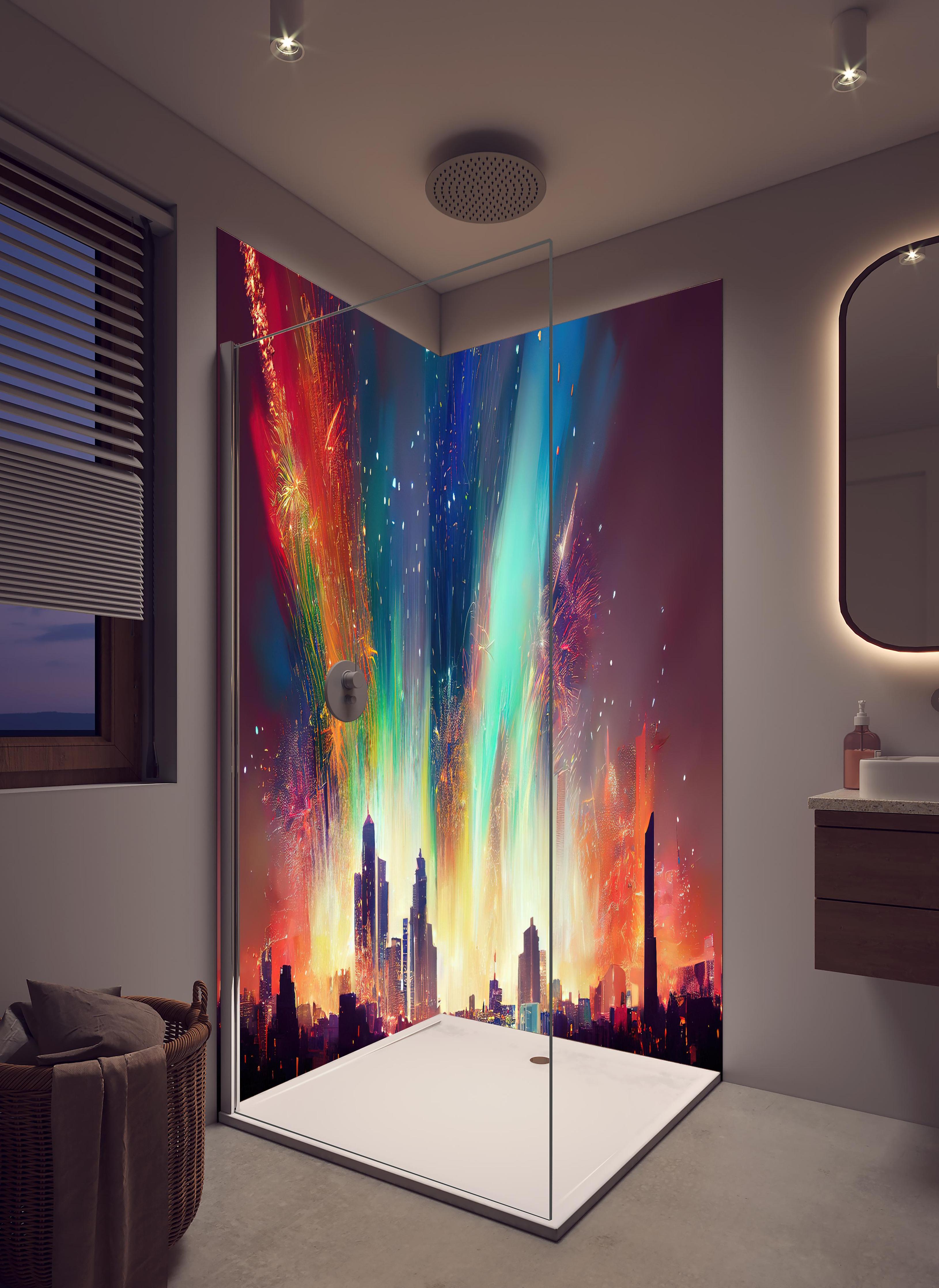 Duschrückwand - Feuerwerk über Stadt bei Nacht - Illustration in hellem Badezimmer mit Regenduschkopf - zweiteilige Eck-Duschrückwand
