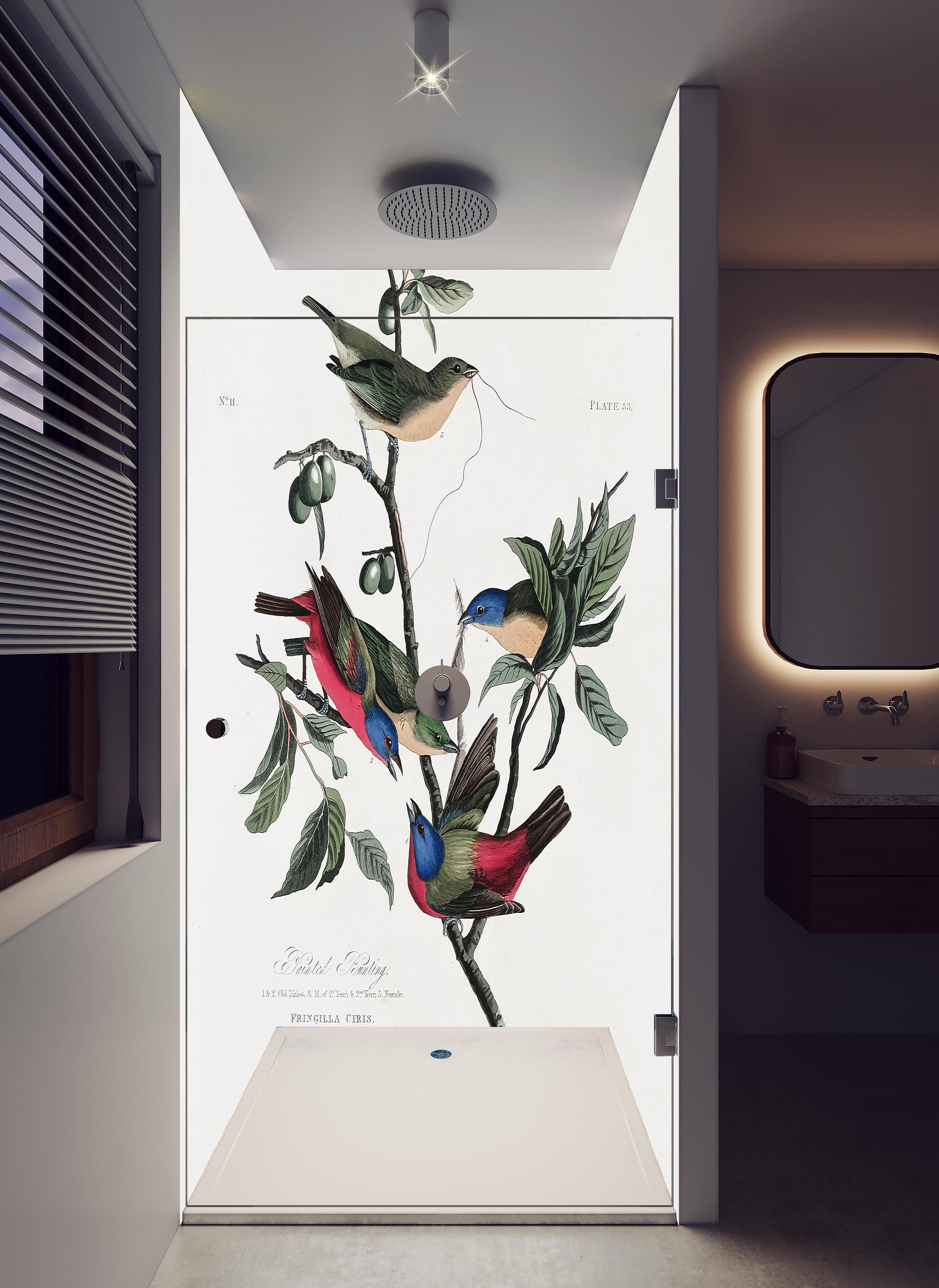Duschrückwand - Fink Portrait - John James Audubon in hellem Badezimmer mit Regenduschkopf - zweiteilige Eck-Duschrückwand
