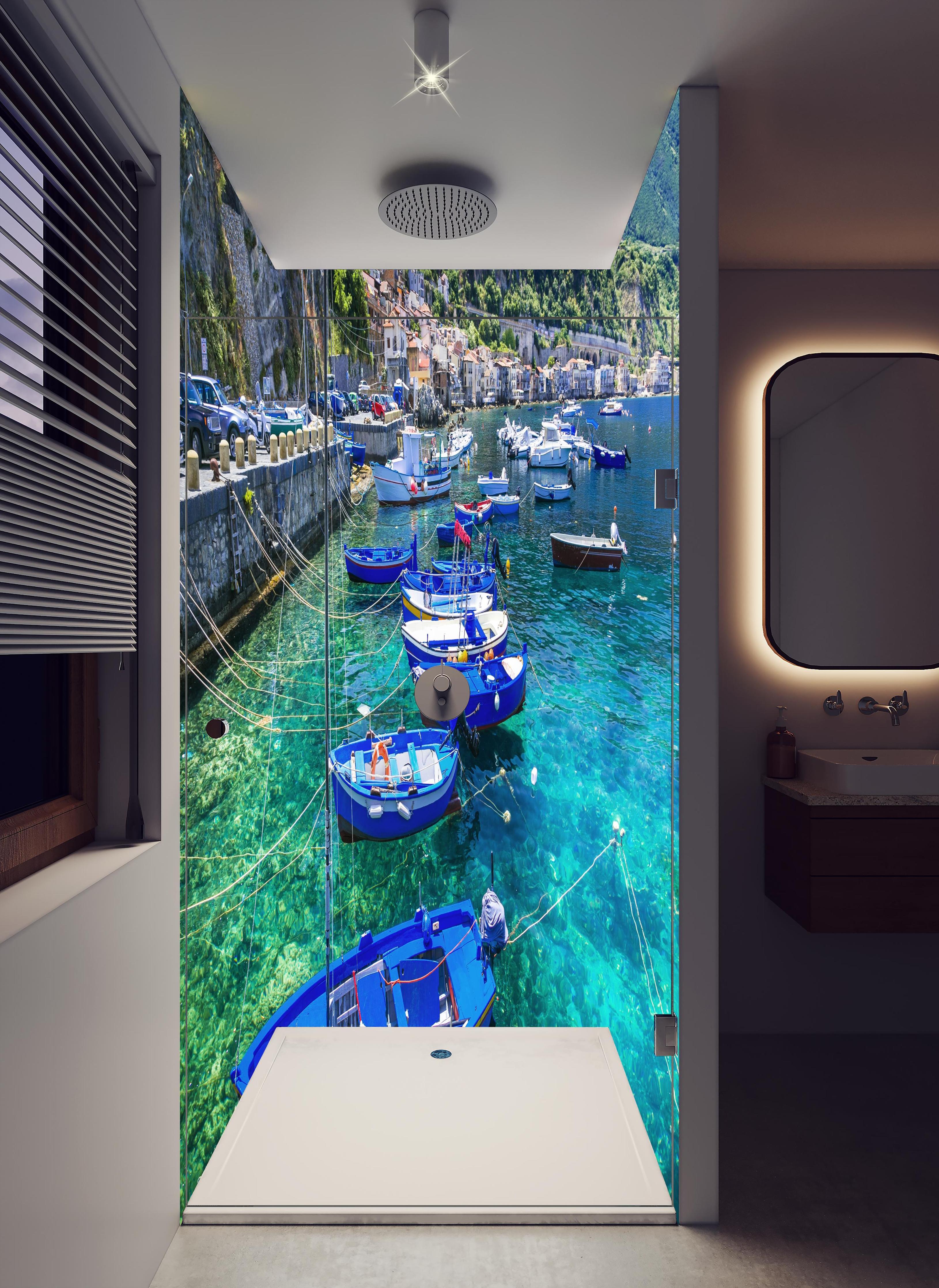 Duschrückwand - Fischerboote und das smaragdgrüne Meer - Kalabrien in hellem Badezimmer mit Regenduschkopf - zweiteilige Eck-Duschrückwand