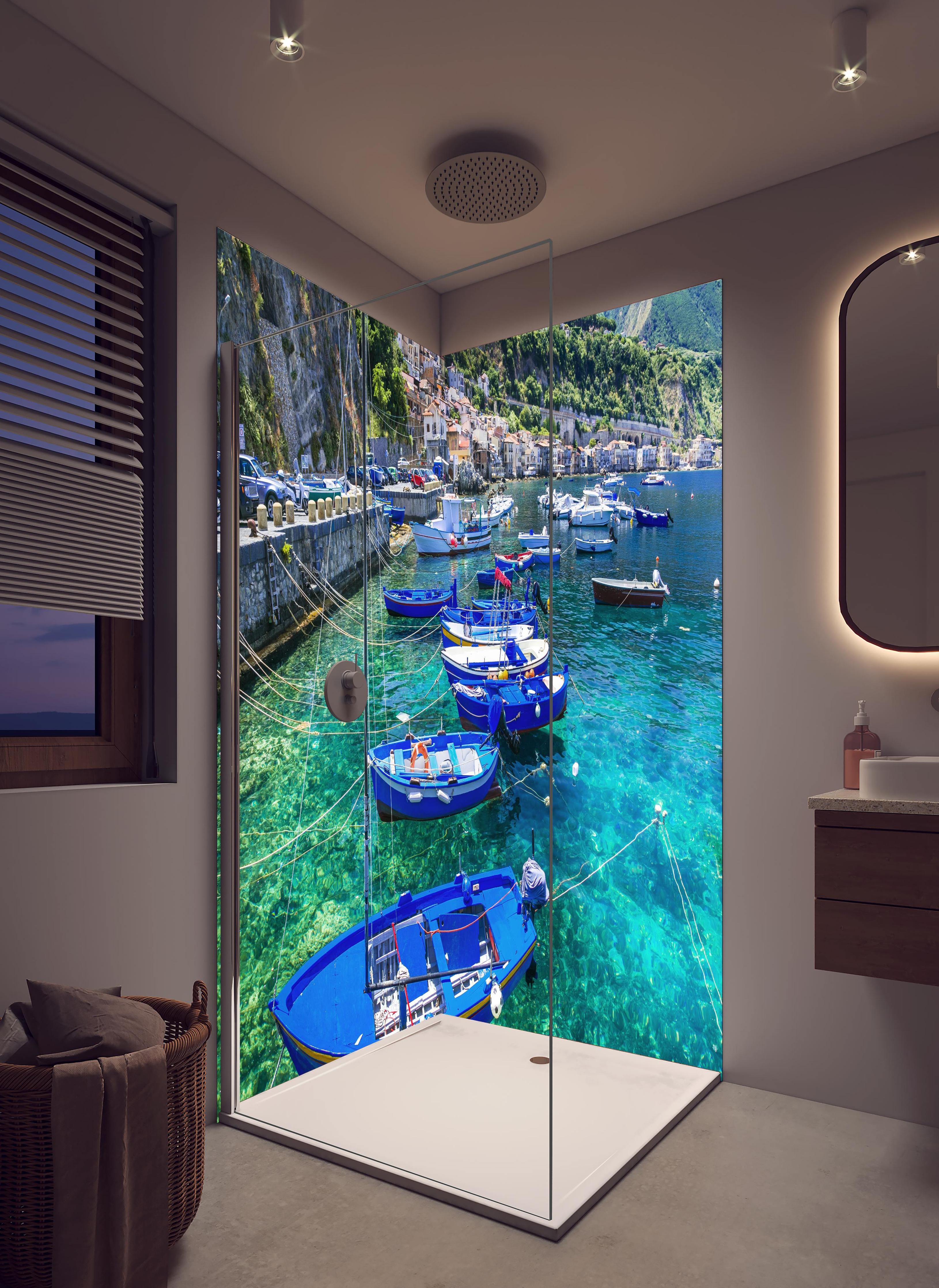 Duschrückwand - Fischerboote und das smaragdgrüne Meer - Kalabrien in hellem Badezimmer mit Regenduschkopf - zweiteilige Eck-Duschrückwand