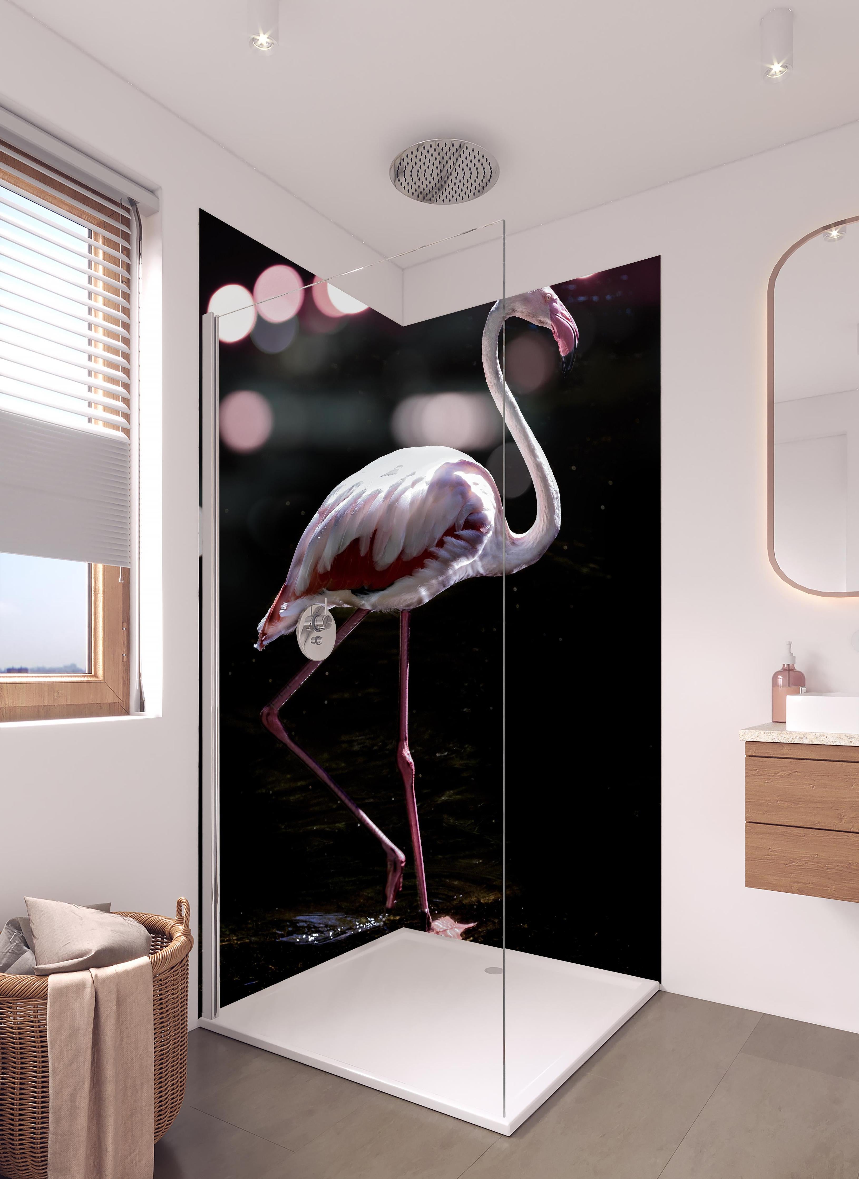 Duschrückwand - Flamingo in hellem Badezimmer mit Regenduschkopf - zweiteilige Eck-Duschrückwand