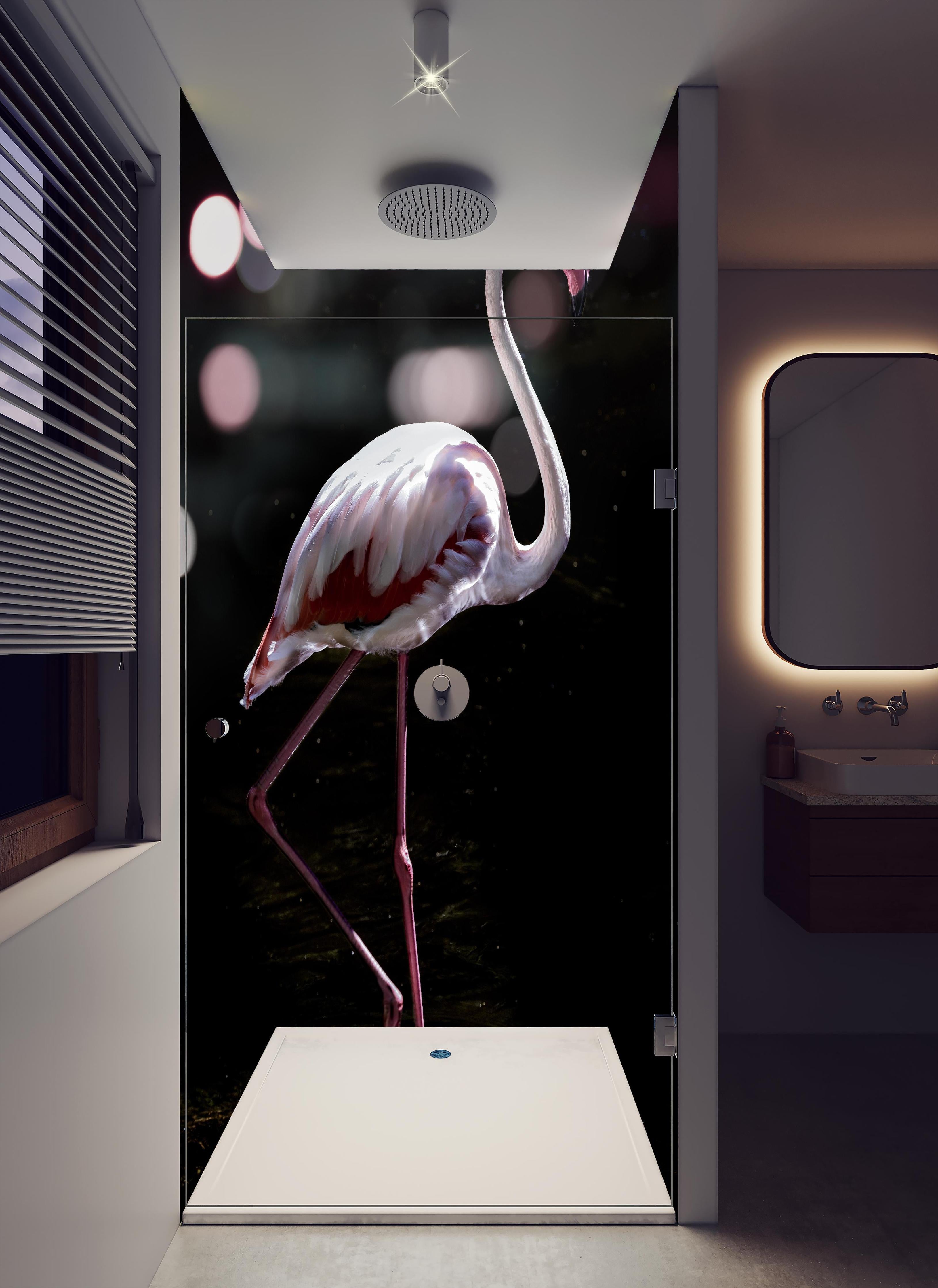 Duschrückwand - Flamingo in hellem Badezimmer mit Regenduschkopf - zweiteilige Eck-Duschrückwand