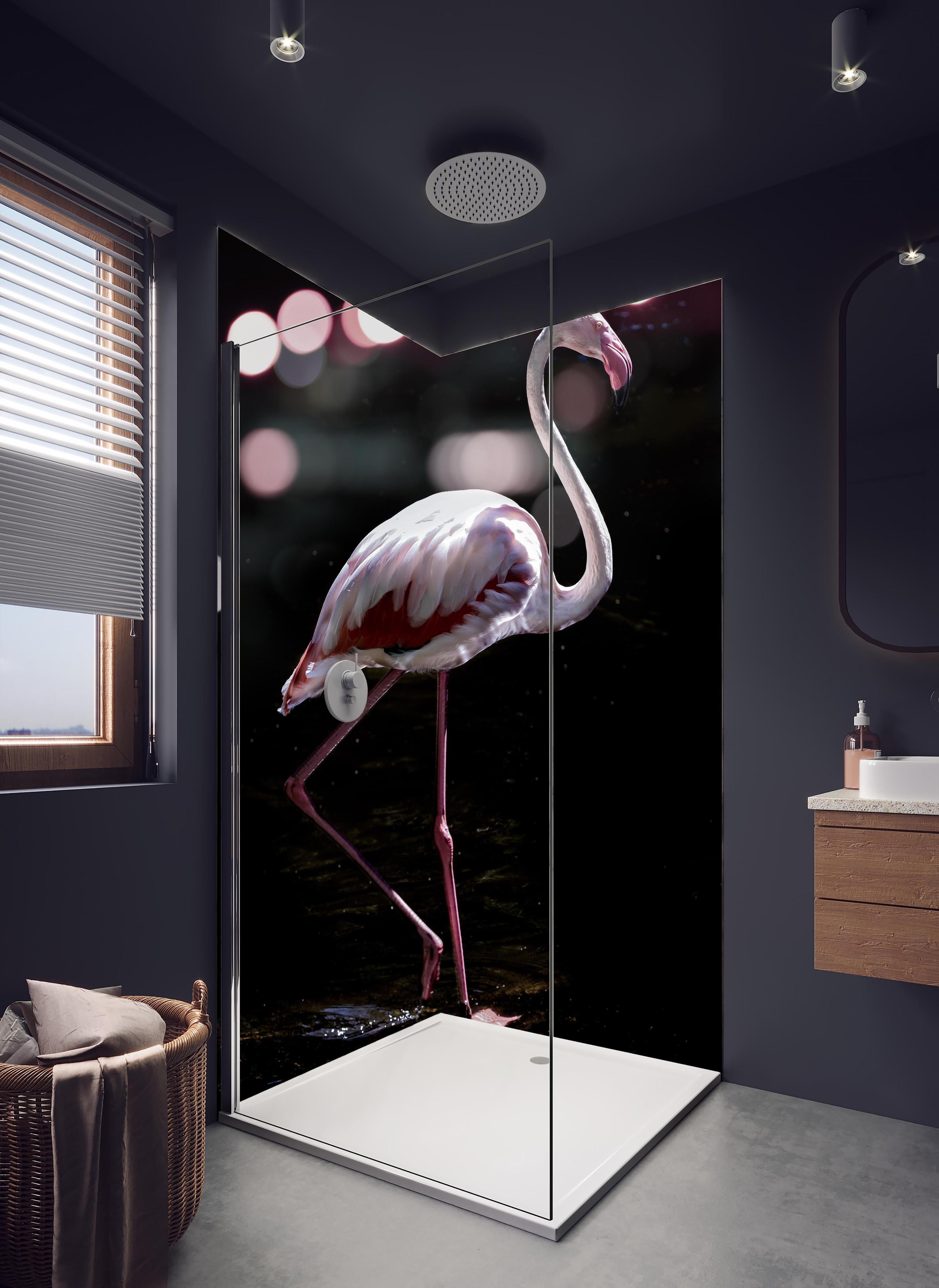 Duschrückwand - Flamingo in hellem Badezimmer mit Regenduschkopf - zweiteilige Eck-Duschrückwand