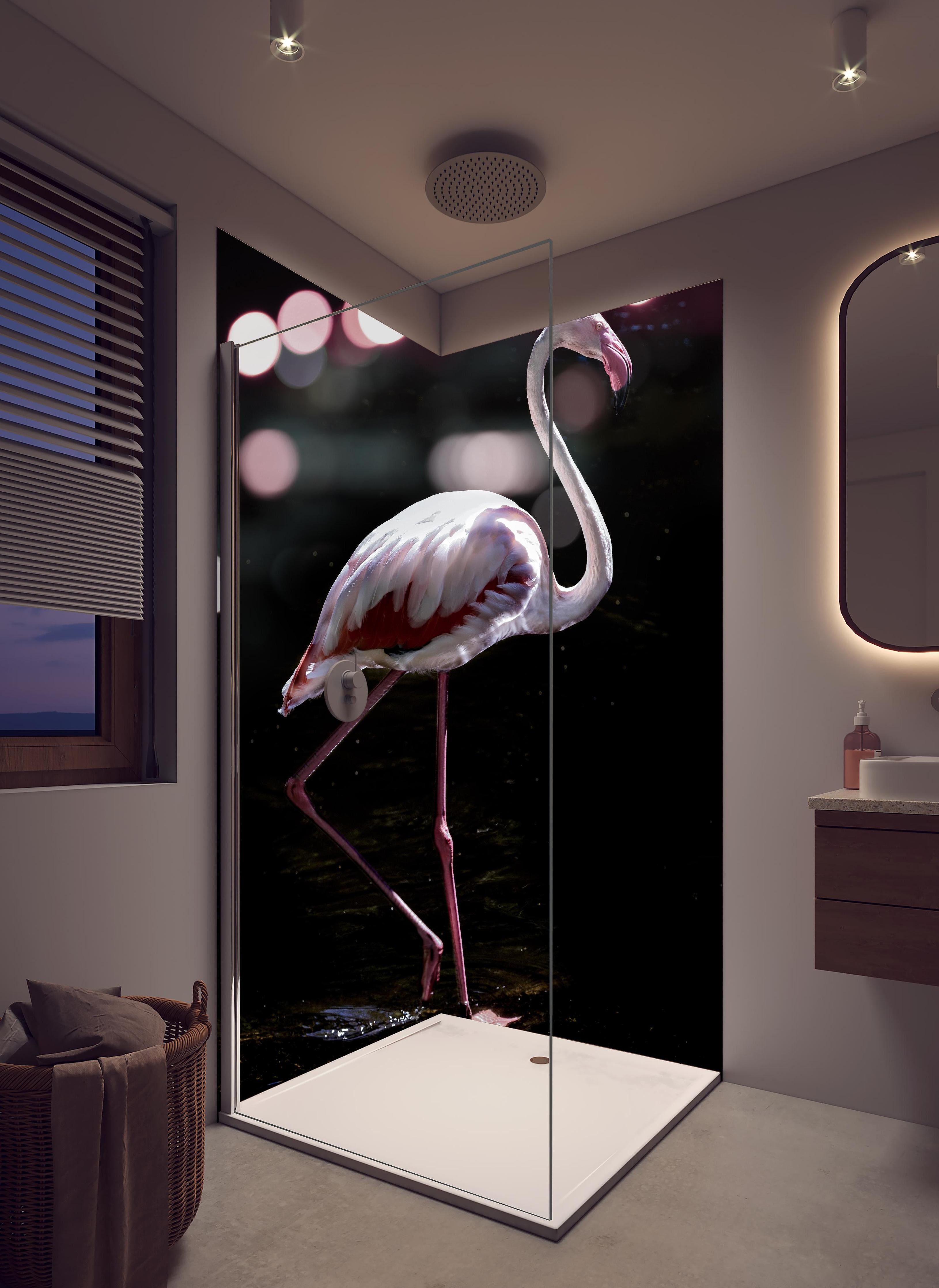 Duschrückwand - Flamingo in hellem Badezimmer mit Regenduschkopf - zweiteilige Eck-Duschrückwand