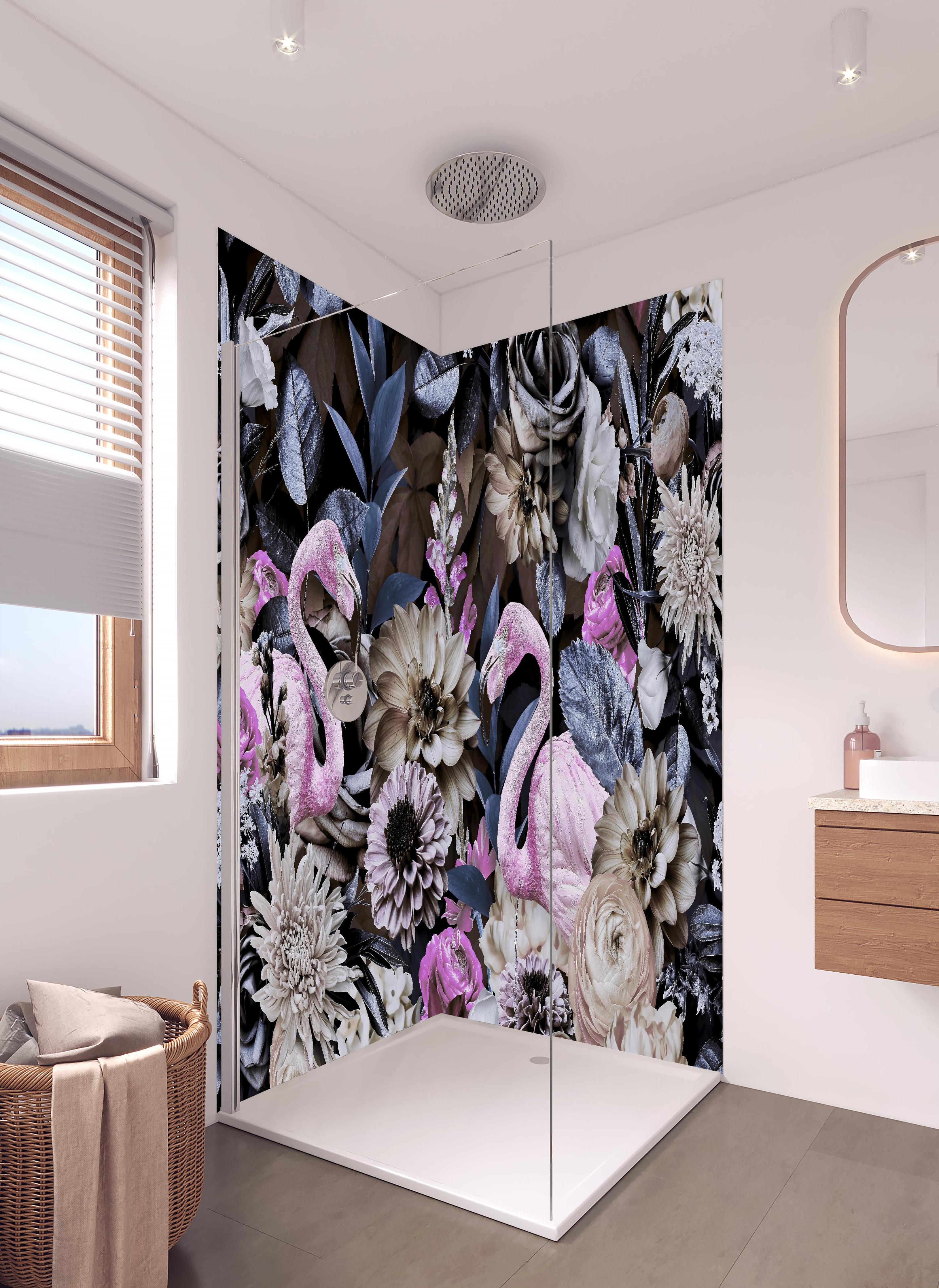 Duschrückwand - Flamingo Garden - Floral in hellem Badezimmer mit Regenduschkopf - zweiteilige Eck-Duschrückwand