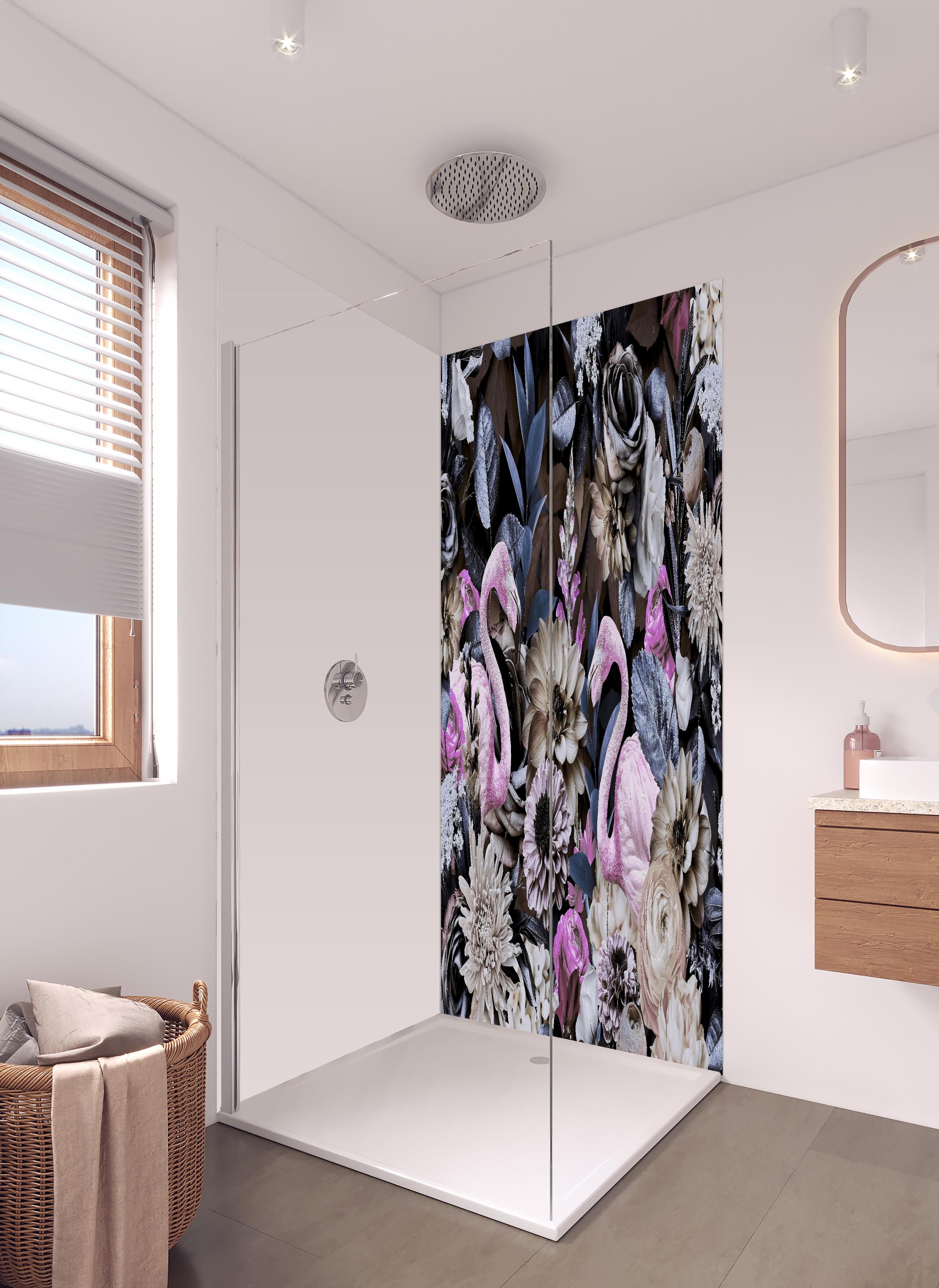 Duschrückwand - Flamingo Garden - Floral in hellem Badezimmer mit Regenduschkopf - zweiteilige Eck-Duschrückwand