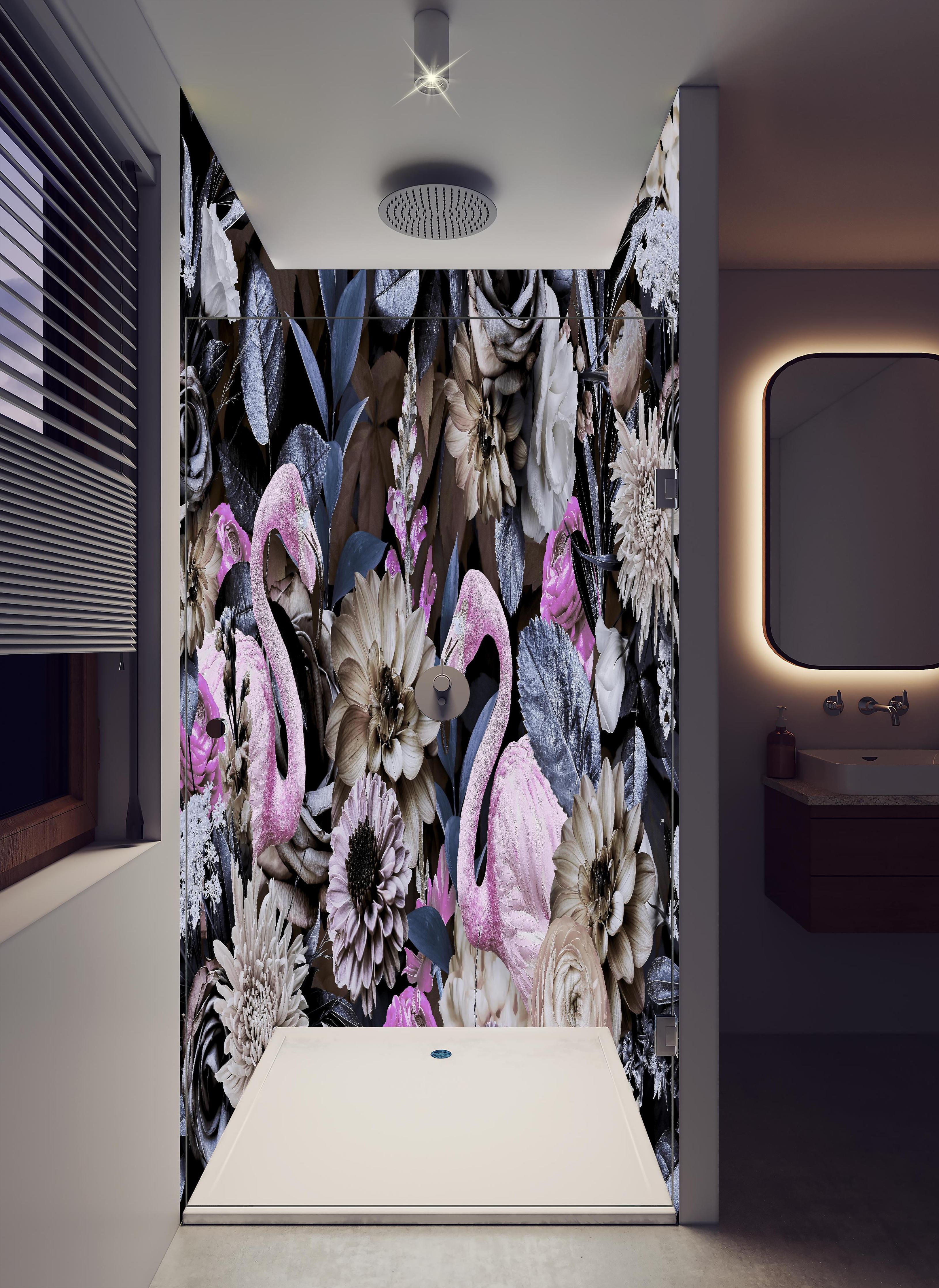 Duschrückwand - Flamingo Garden - Floral in hellem Badezimmer mit Regenduschkopf - zweiteilige Eck-Duschrückwand