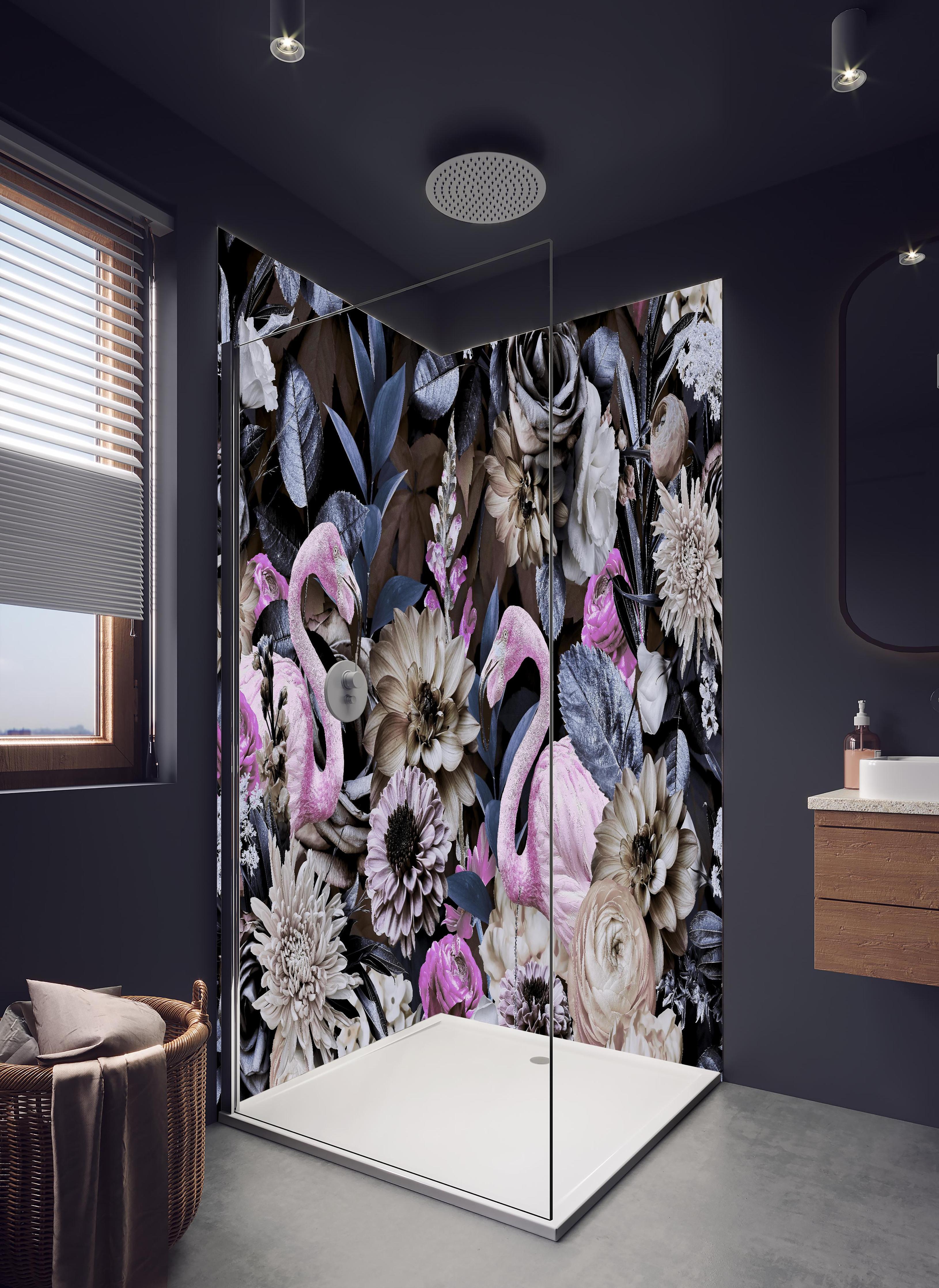 Duschrückwand - Flamingo Garden - Floral in hellem Badezimmer mit Regenduschkopf - zweiteilige Eck-Duschrückwand