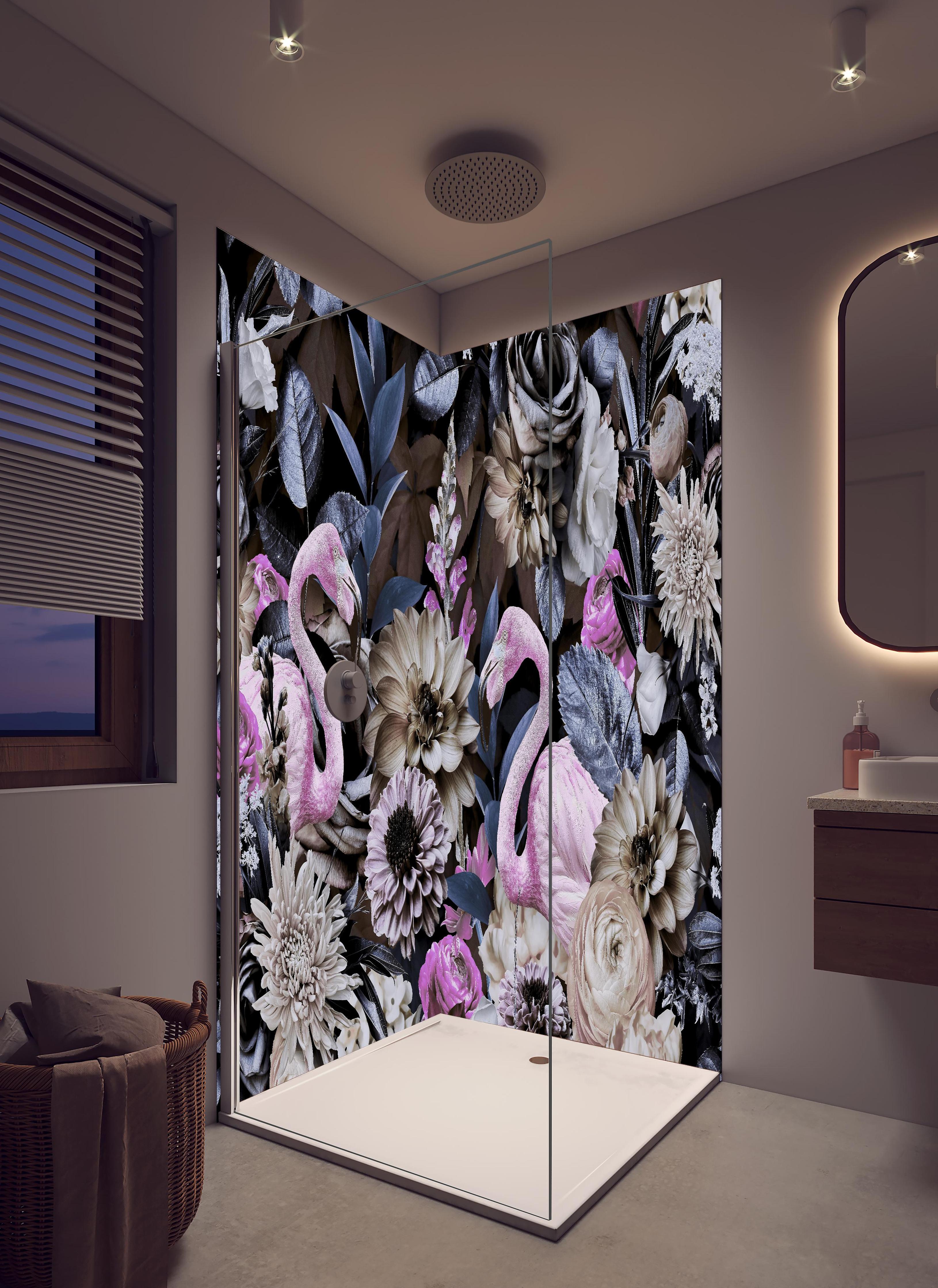 Duschrückwand - Flamingo Garden - Floral in hellem Badezimmer mit Regenduschkopf - zweiteilige Eck-Duschrückwand