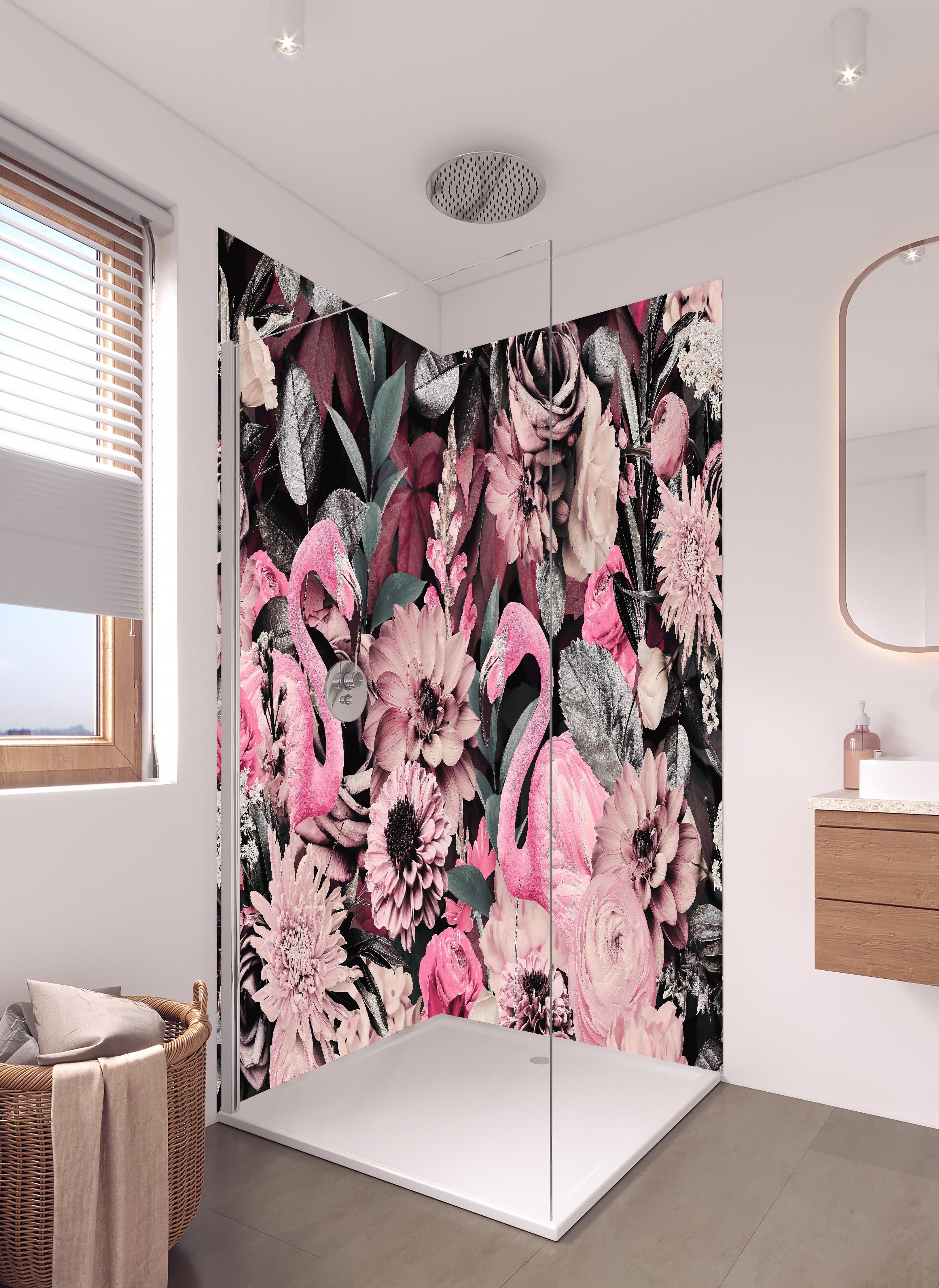 Duschrückwand - Flamingo Garten - Floral in hellem Badezimmer mit Regenduschkopf - zweiteilige Eck-Duschrückwand