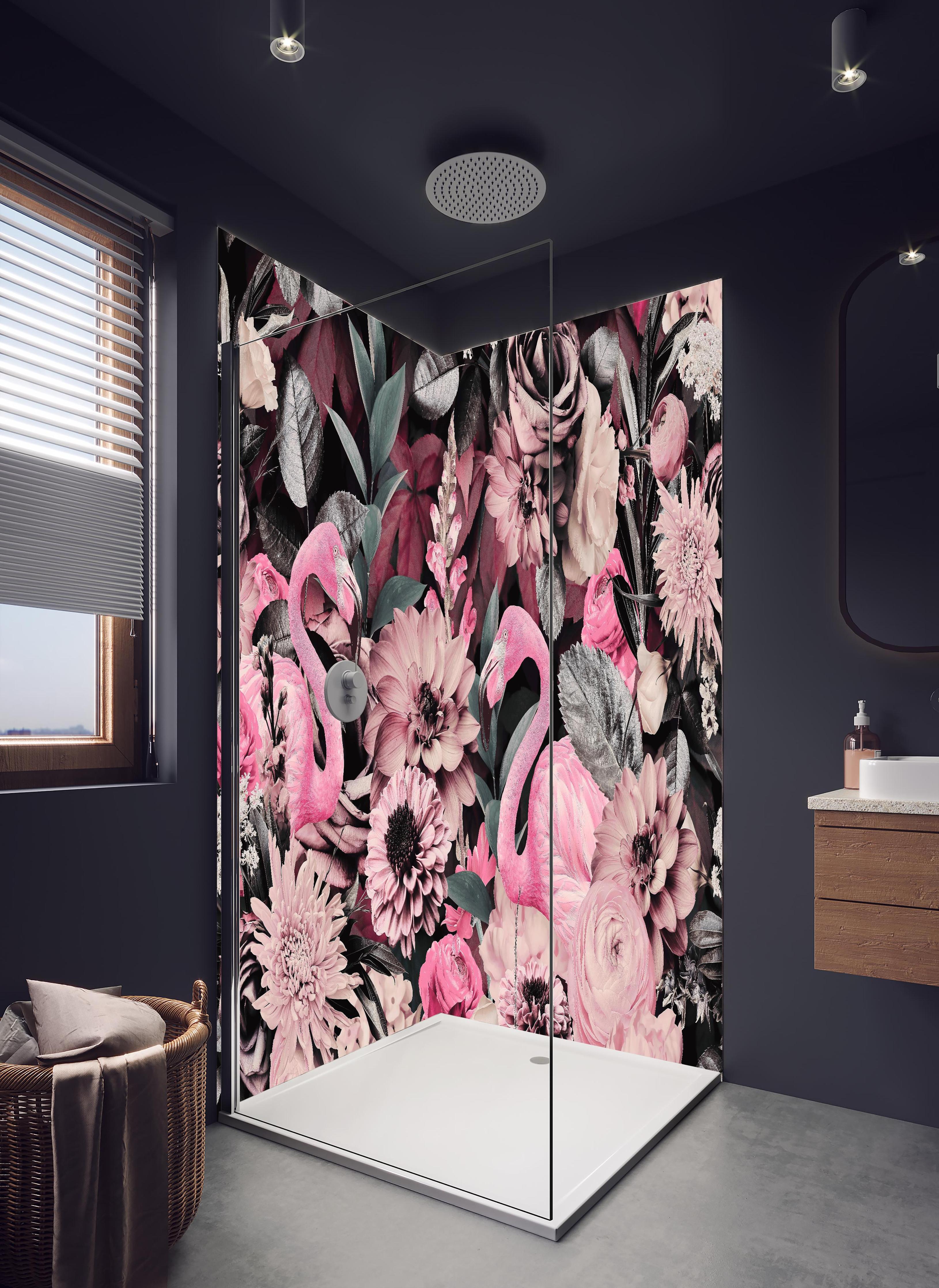 Duschrückwand - Flamingo Garten - Floral in hellem Badezimmer mit Regenduschkopf - zweiteilige Eck-Duschrückwand