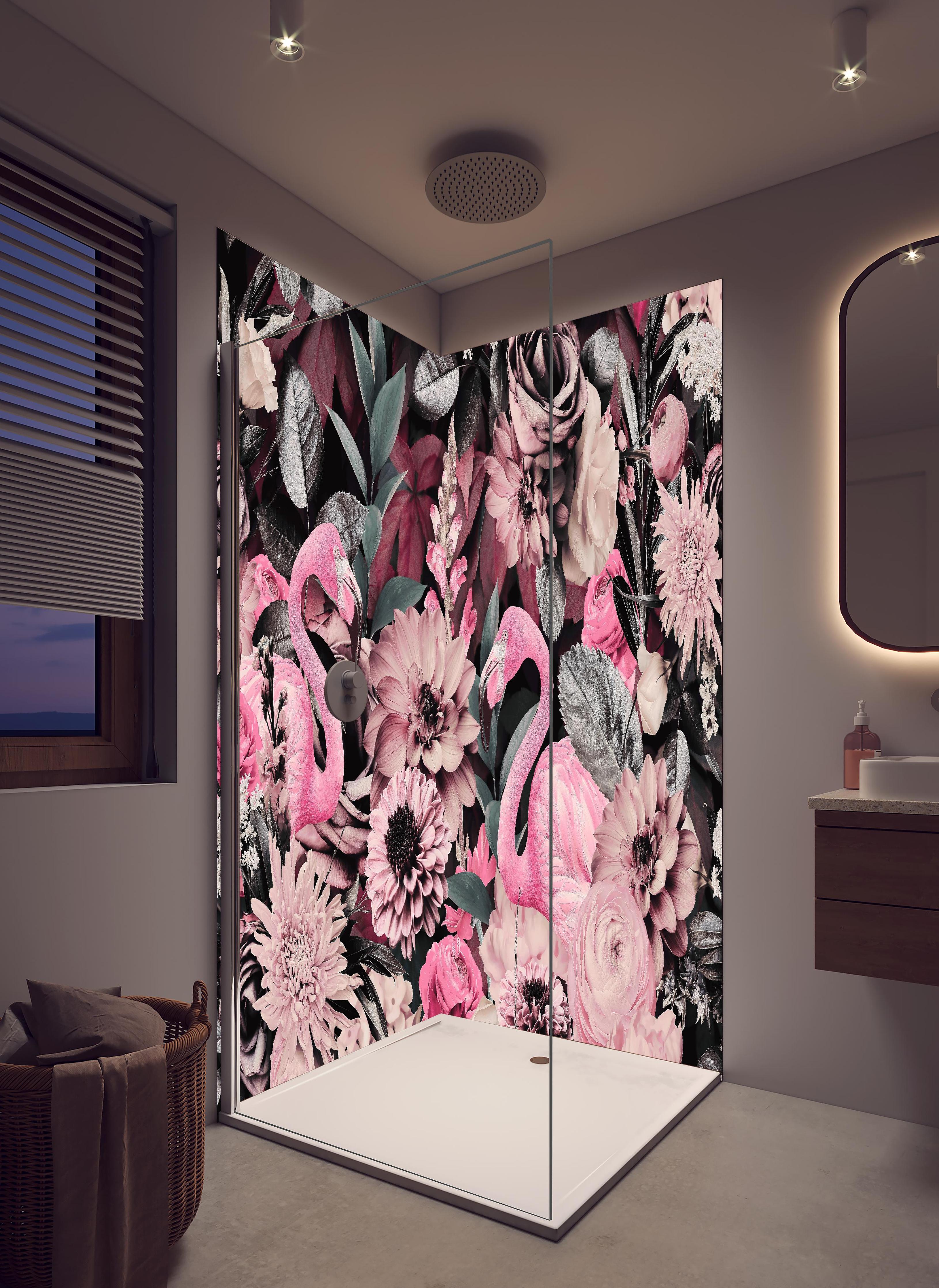 Duschrückwand - Flamingo Garten - Floral in hellem Badezimmer mit Regenduschkopf - zweiteilige Eck-Duschrückwand