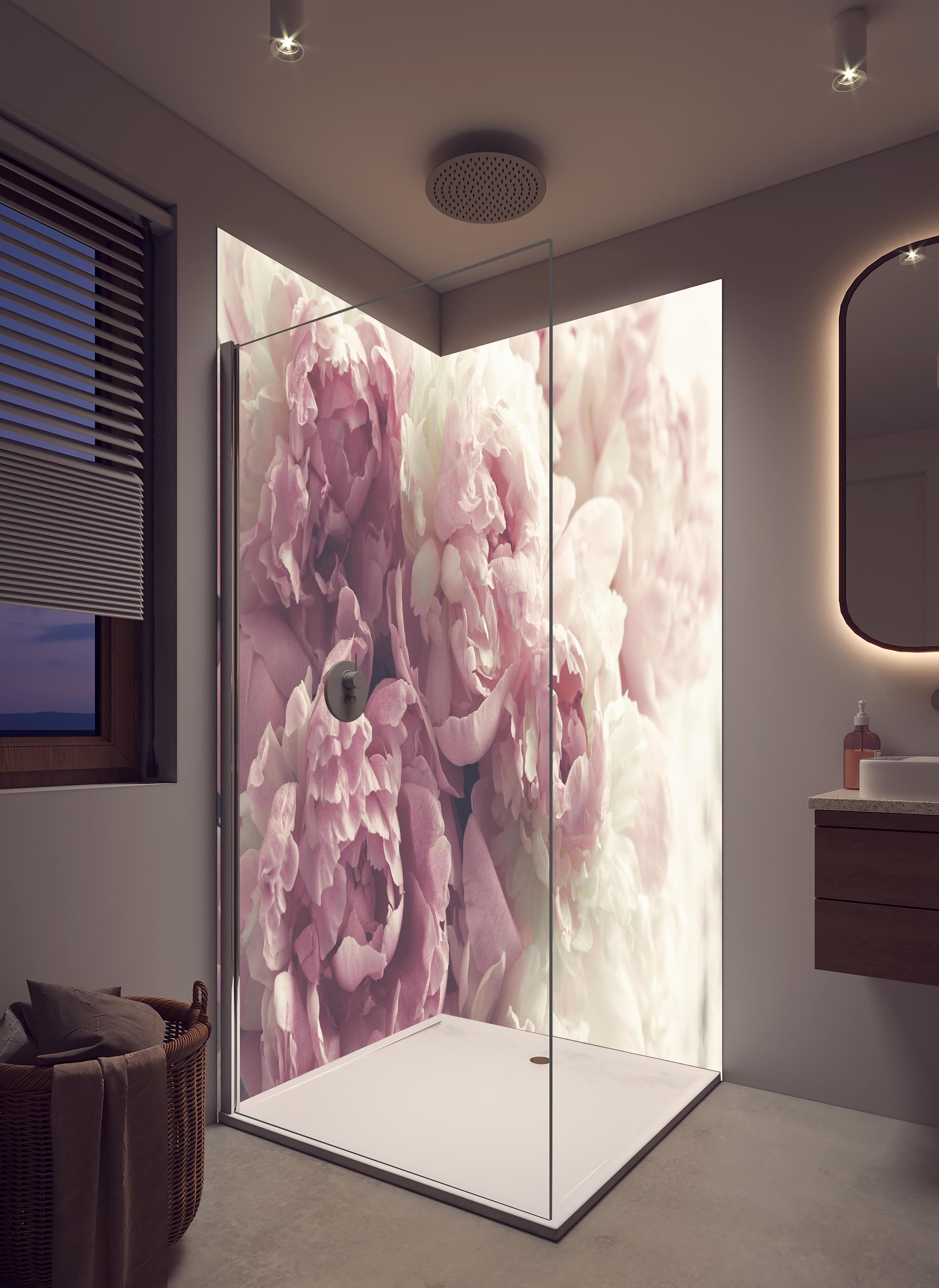 Duschrückwand - Flauschige rosa Pfingstrosen - Vintage in hellem Badezimmer mit Regenduschkopf - zweiteilige Eck-Duschrückwand