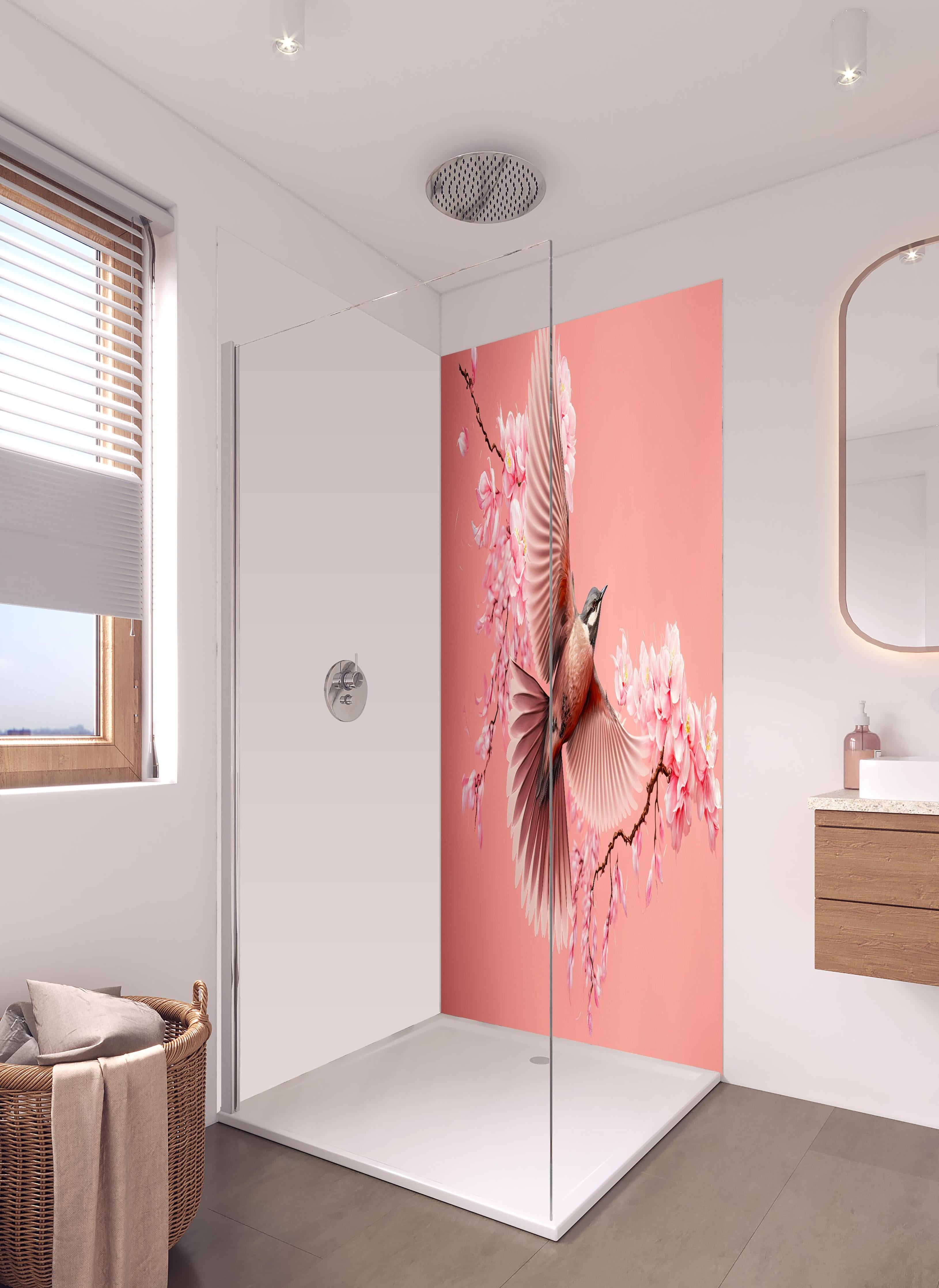 Duschrückwand - Fliegender Vogel Kirschblüten Sakura Pink in hellem Badezimmer mit Regenduschkopf - zweiteilige Eck-Duschrückwand