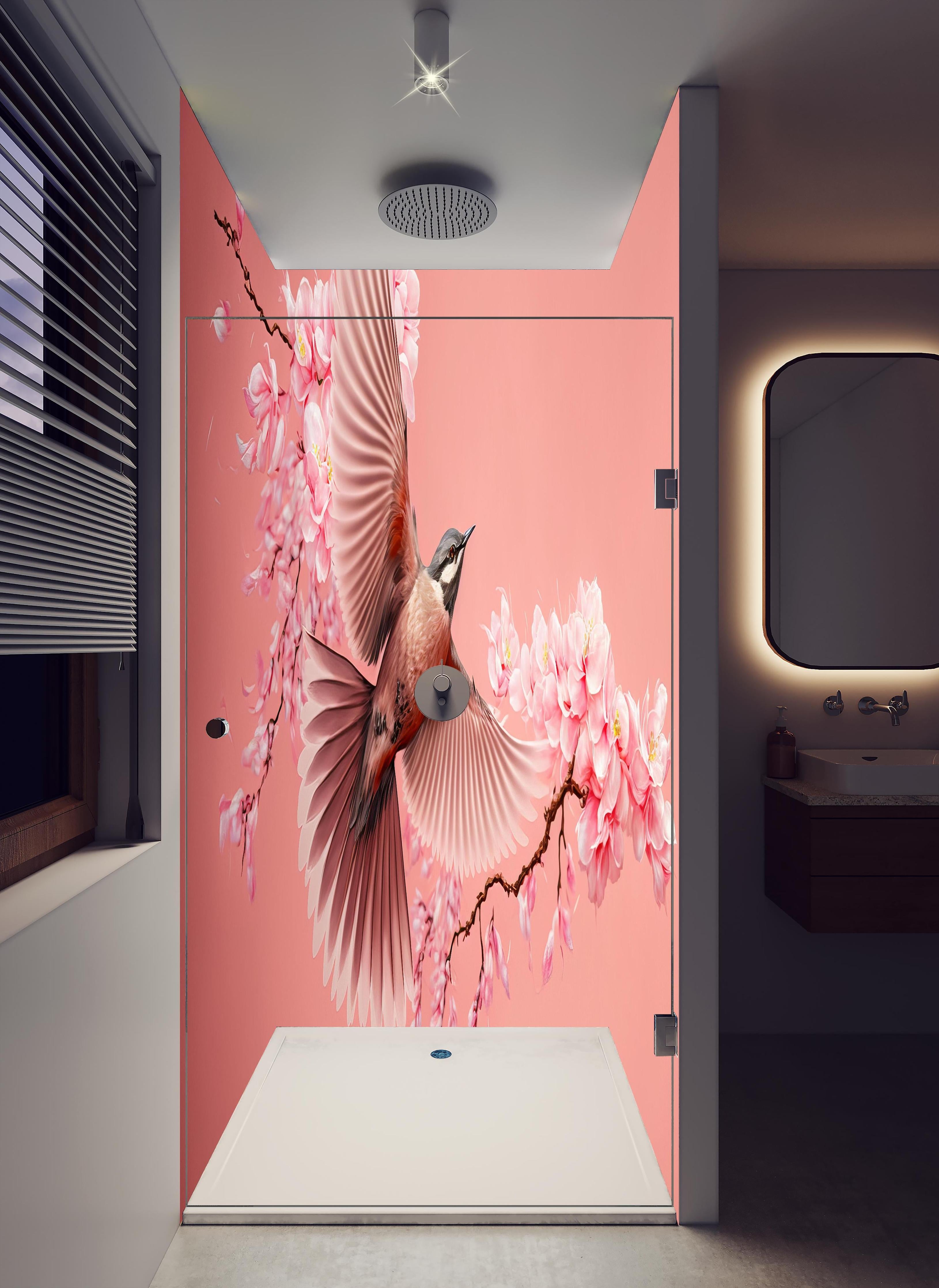 Duschrückwand - Fliegender Vogel Kirschblüten Sakura Pink in hellem Badezimmer mit Regenduschkopf - zweiteilige Eck-Duschrückwand