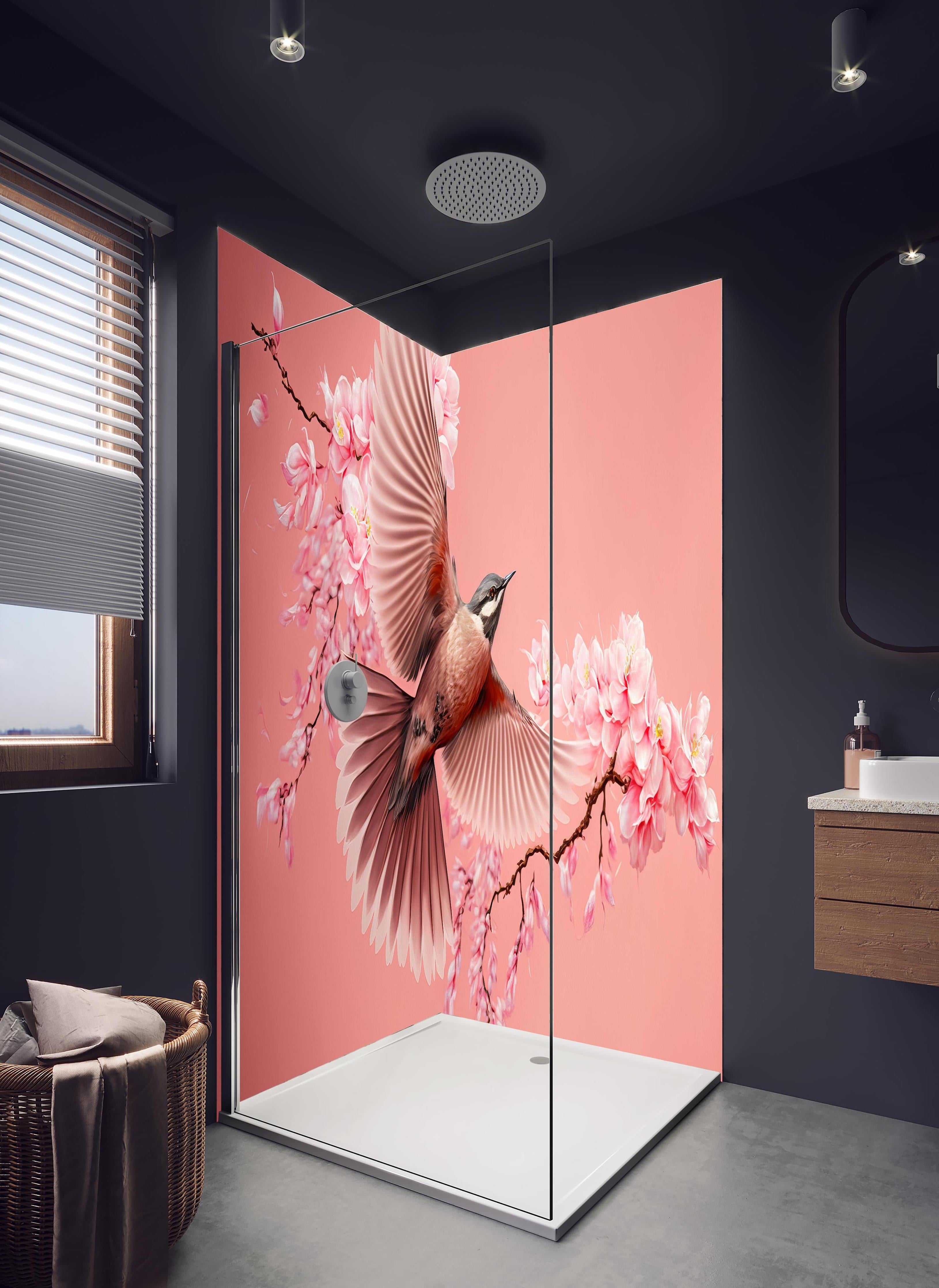 Duschrückwand - Fliegender Vogel Kirschblüten Sakura Pink in hellem Badezimmer mit Regenduschkopf - zweiteilige Eck-Duschrückwand