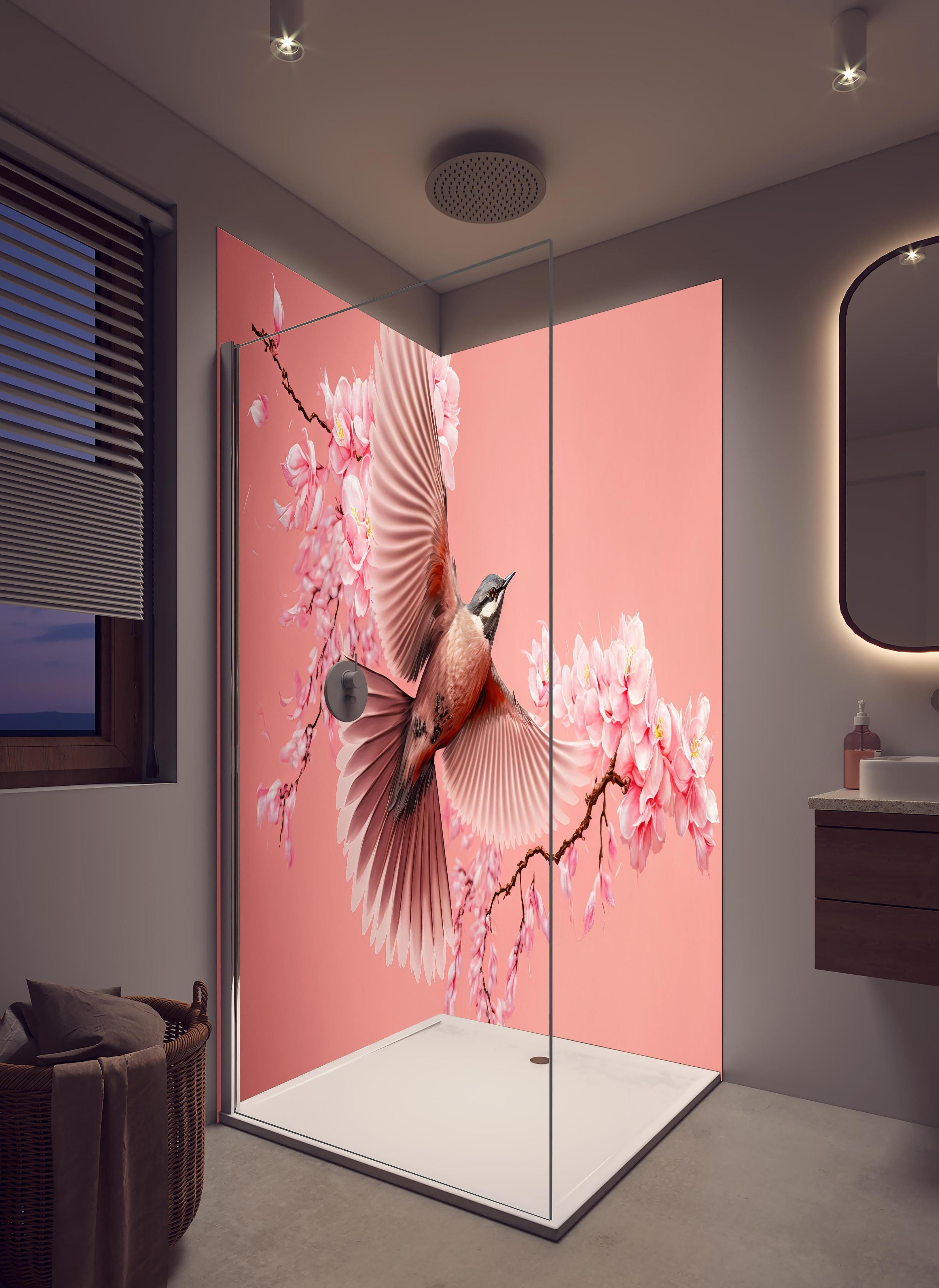 Duschrückwand - Fliegender Vogel Kirschblüten Sakura Pink in hellem Badezimmer mit Regenduschkopf - zweiteilige Eck-Duschrückwand