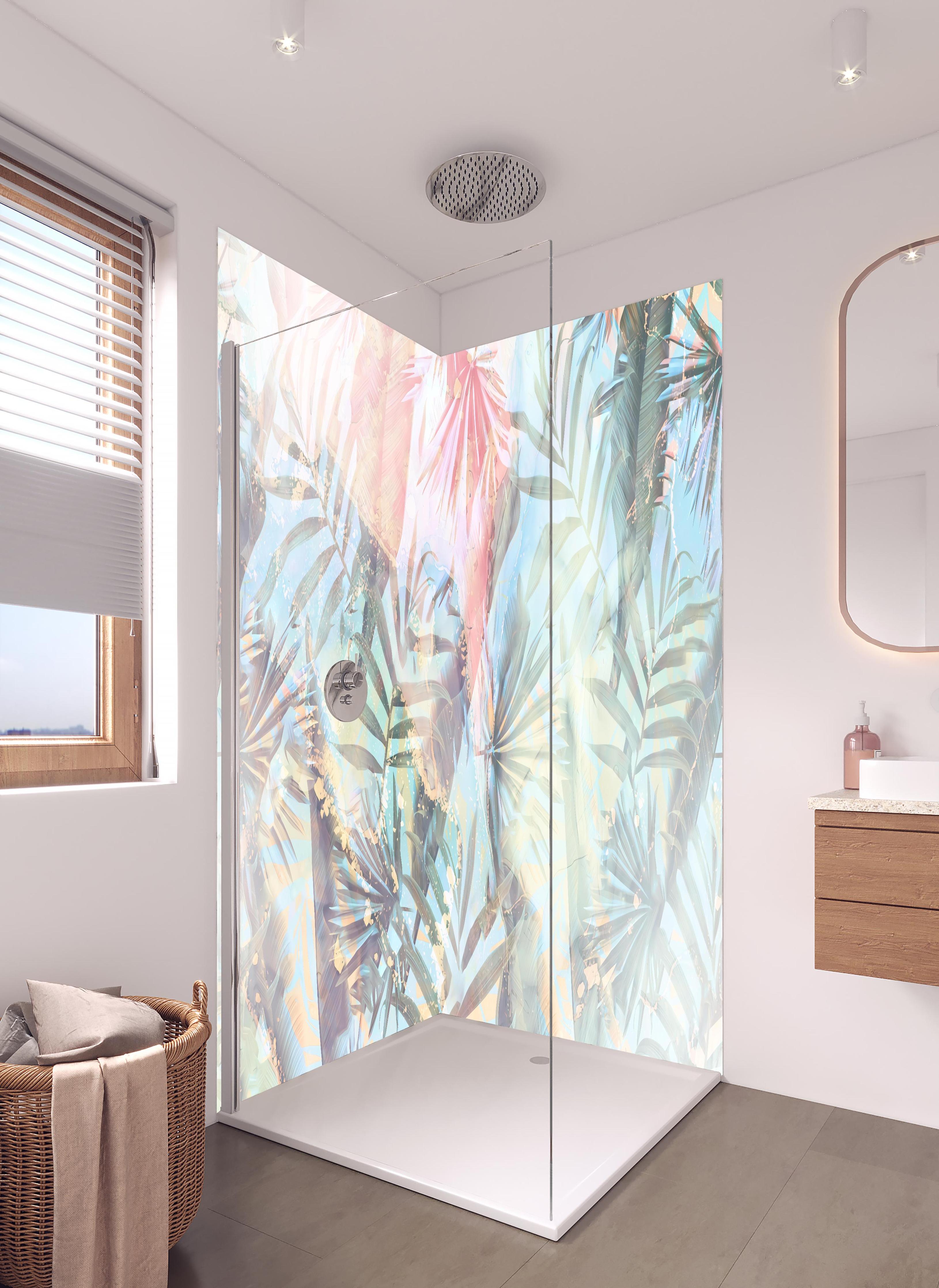 Duschrückwand - Florale Darstellung - Pastell in hellem Badezimmer mit Regenduschkopf - zweiteilige Eck-Duschrückwand