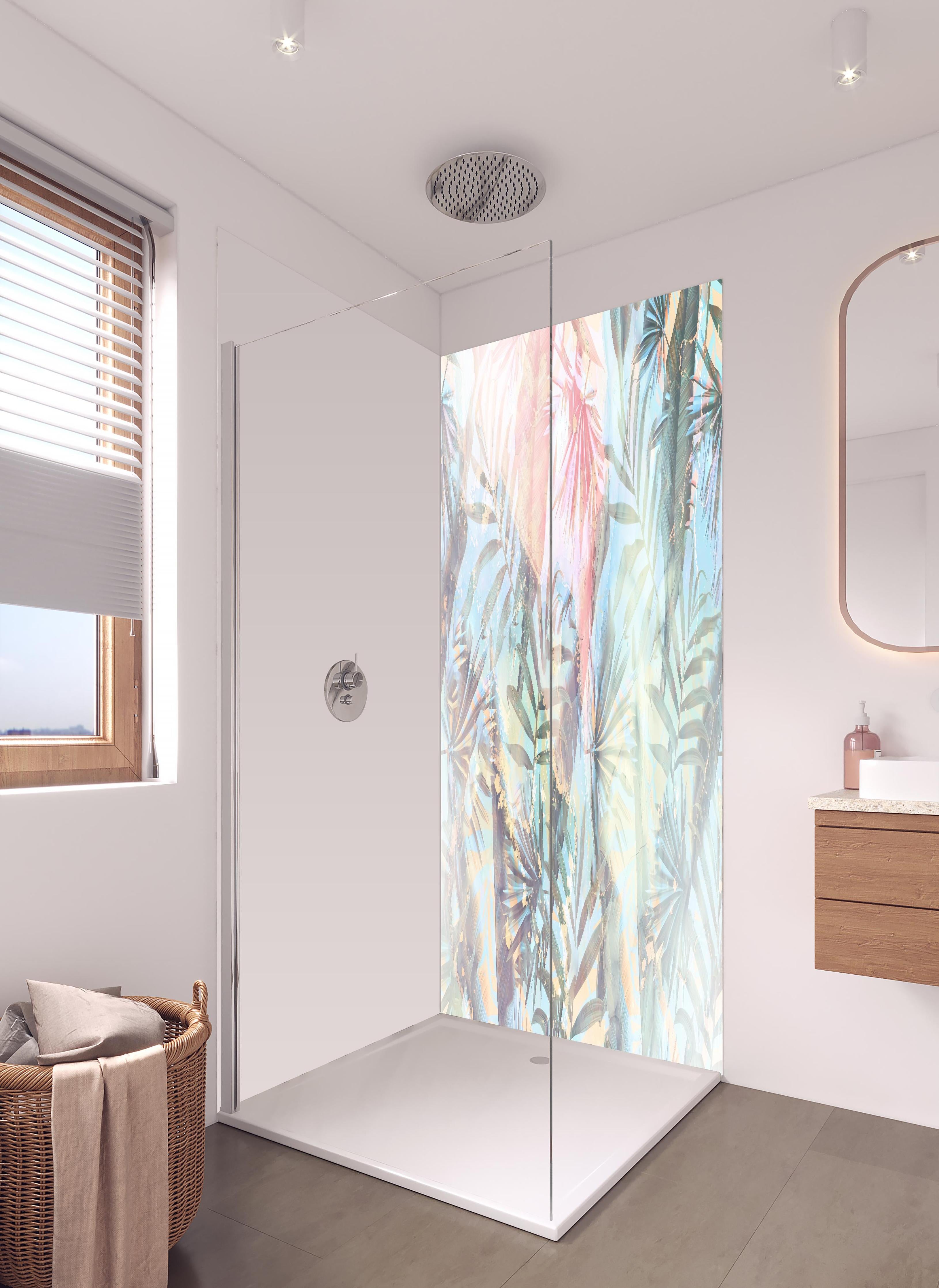 Duschrückwand - Florale Darstellung - Pastell in hellem Badezimmer mit Regenduschkopf - zweiteilige Eck-Duschrückwand