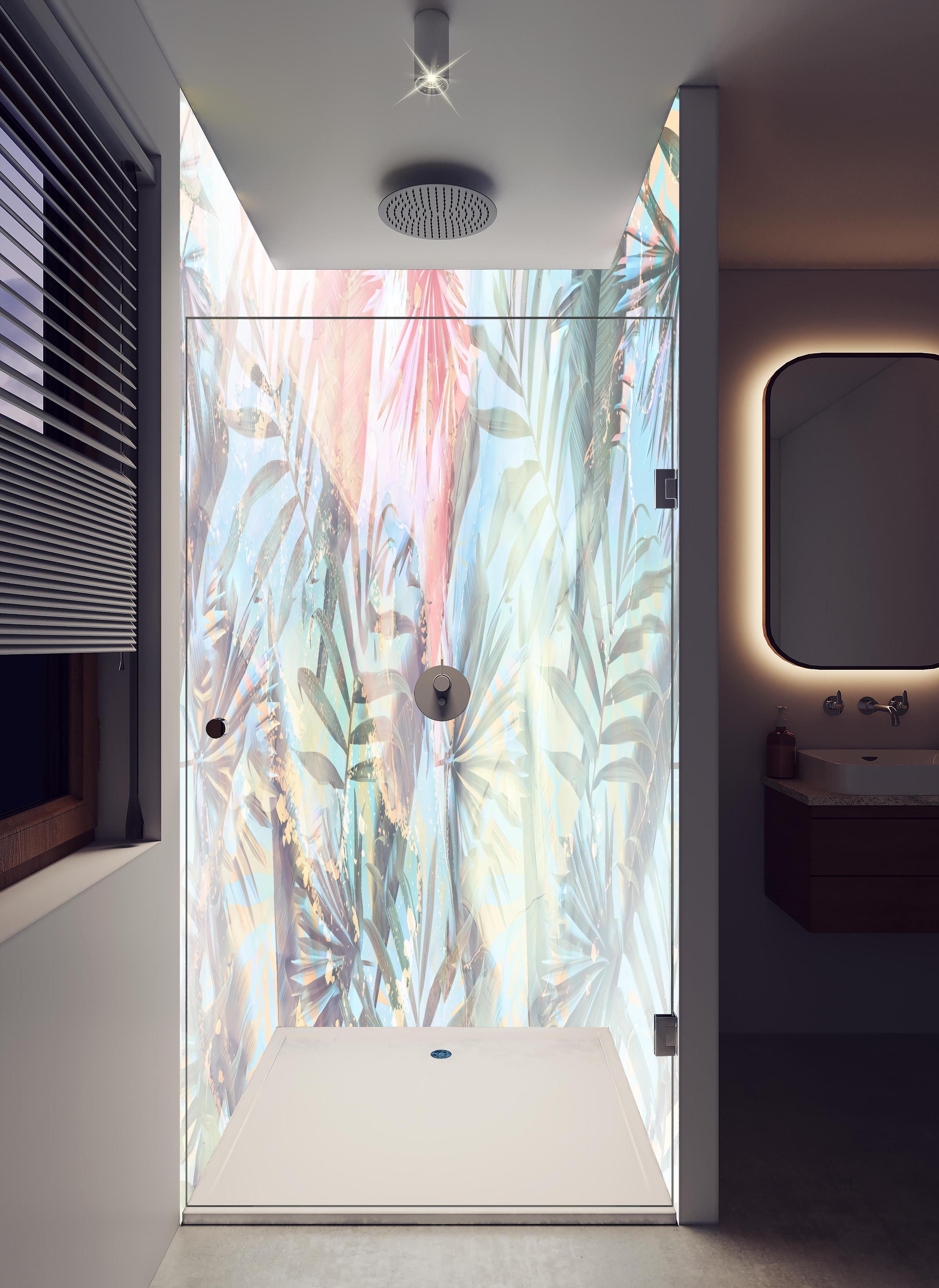 Duschrückwand - Florale Darstellung - Pastell in hellem Badezimmer mit Regenduschkopf - zweiteilige Eck-Duschrückwand