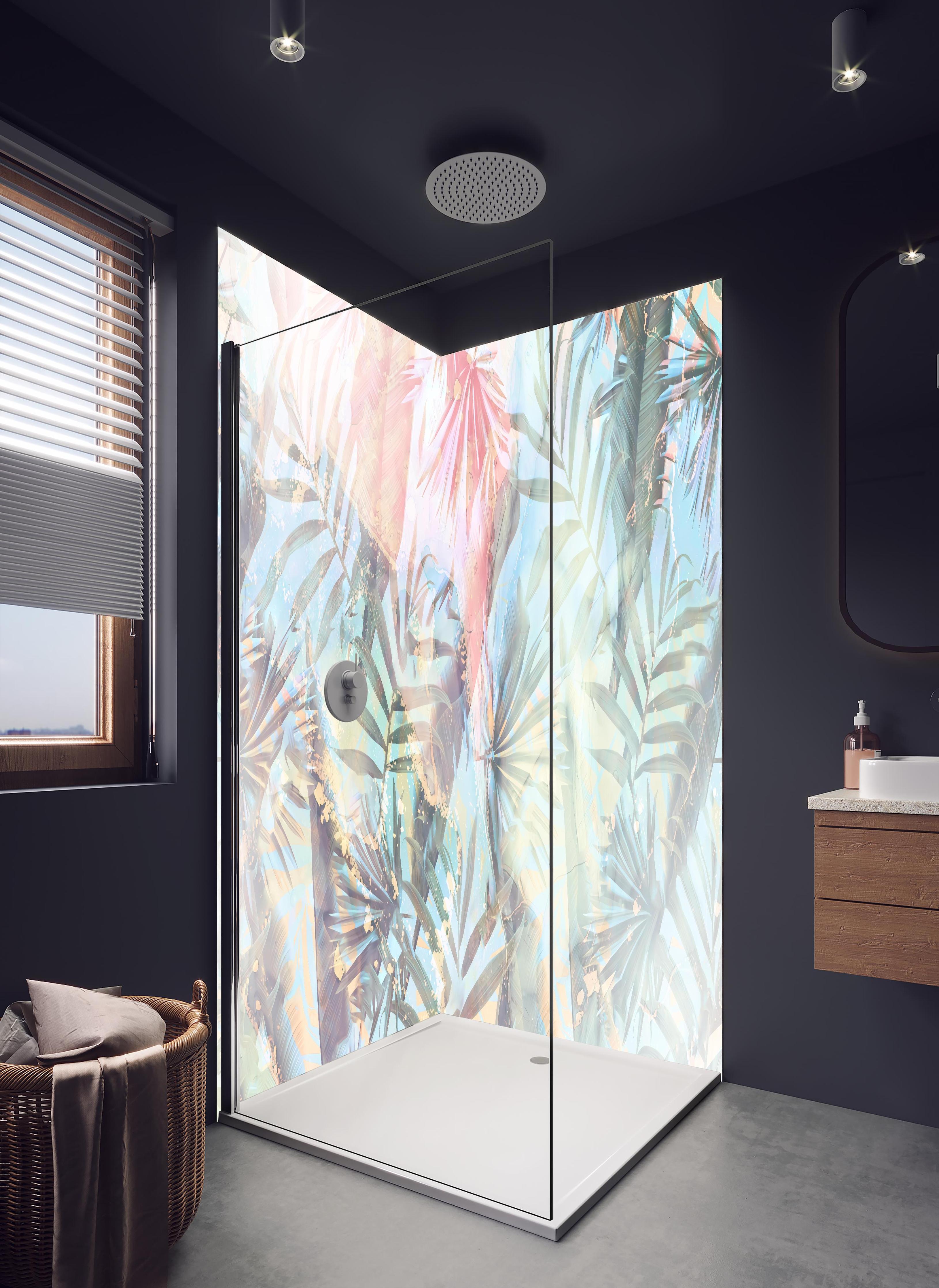 Duschrückwand - Florale Darstellung - Pastell in hellem Badezimmer mit Regenduschkopf - zweiteilige Eck-Duschrückwand