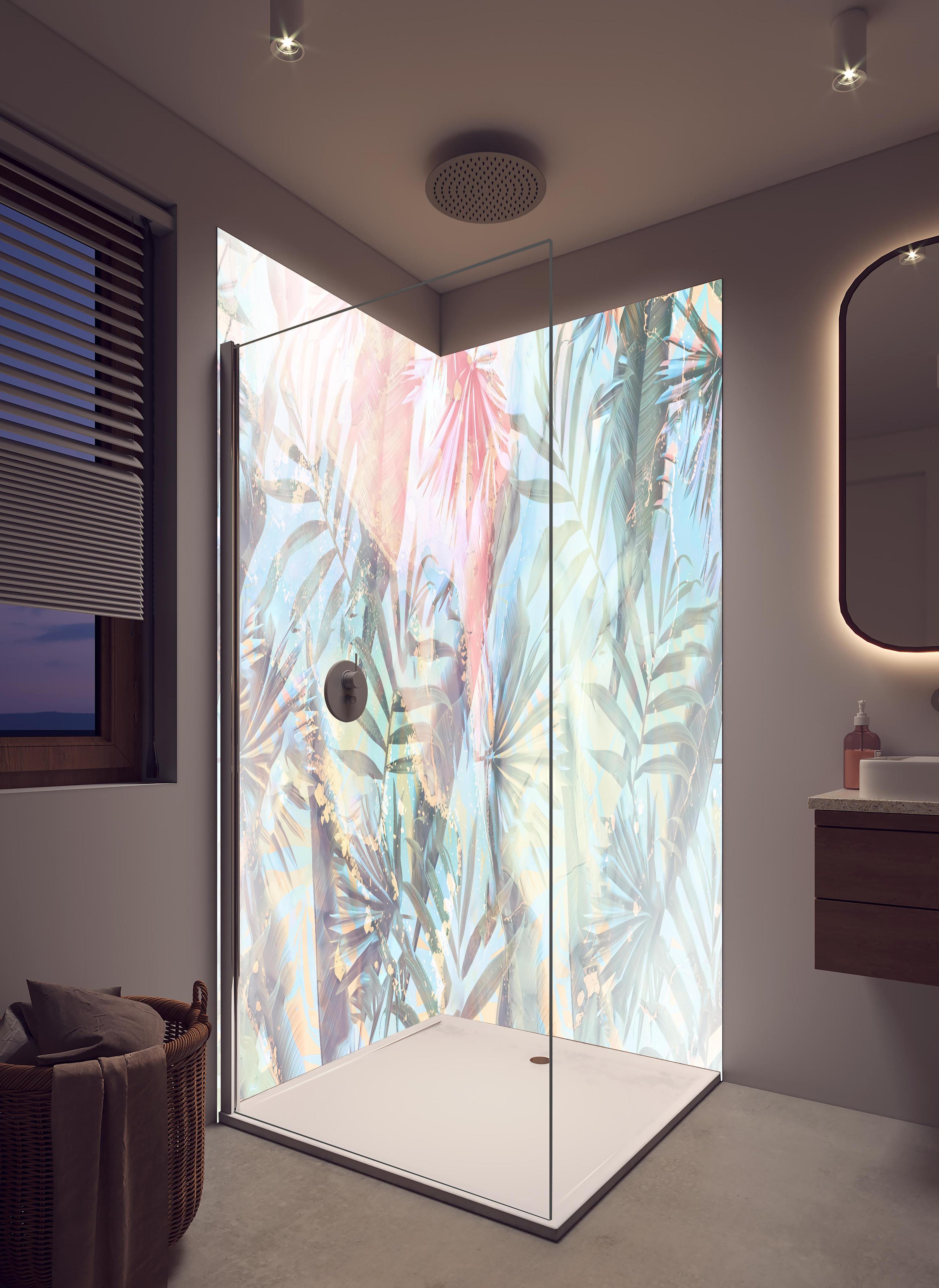 Duschrückwand - Florale Darstellung - Pastell in hellem Badezimmer mit Regenduschkopf - zweiteilige Eck-Duschrückwand