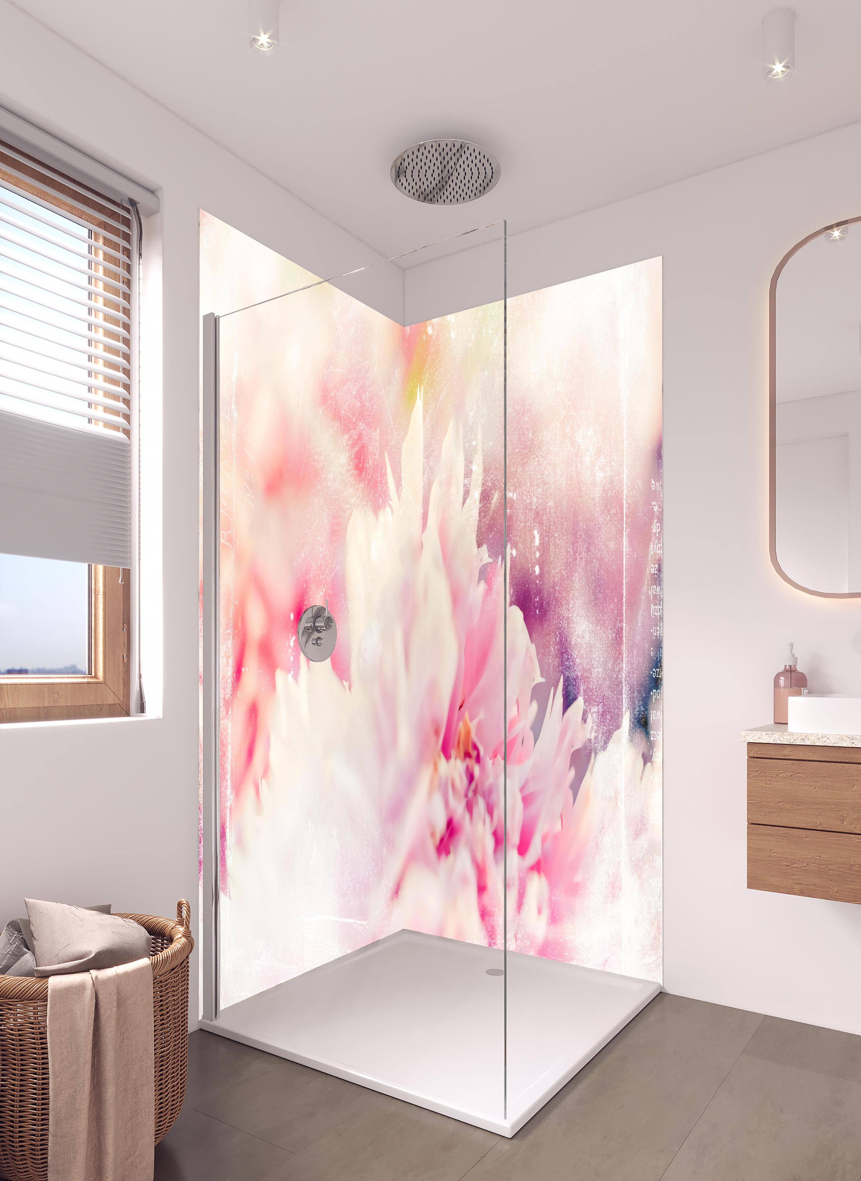 Duschrückwand - Florale Darstellung in hellem Badezimmer mit Regenduschkopf - zweiteilige Eck-Duschrückwand